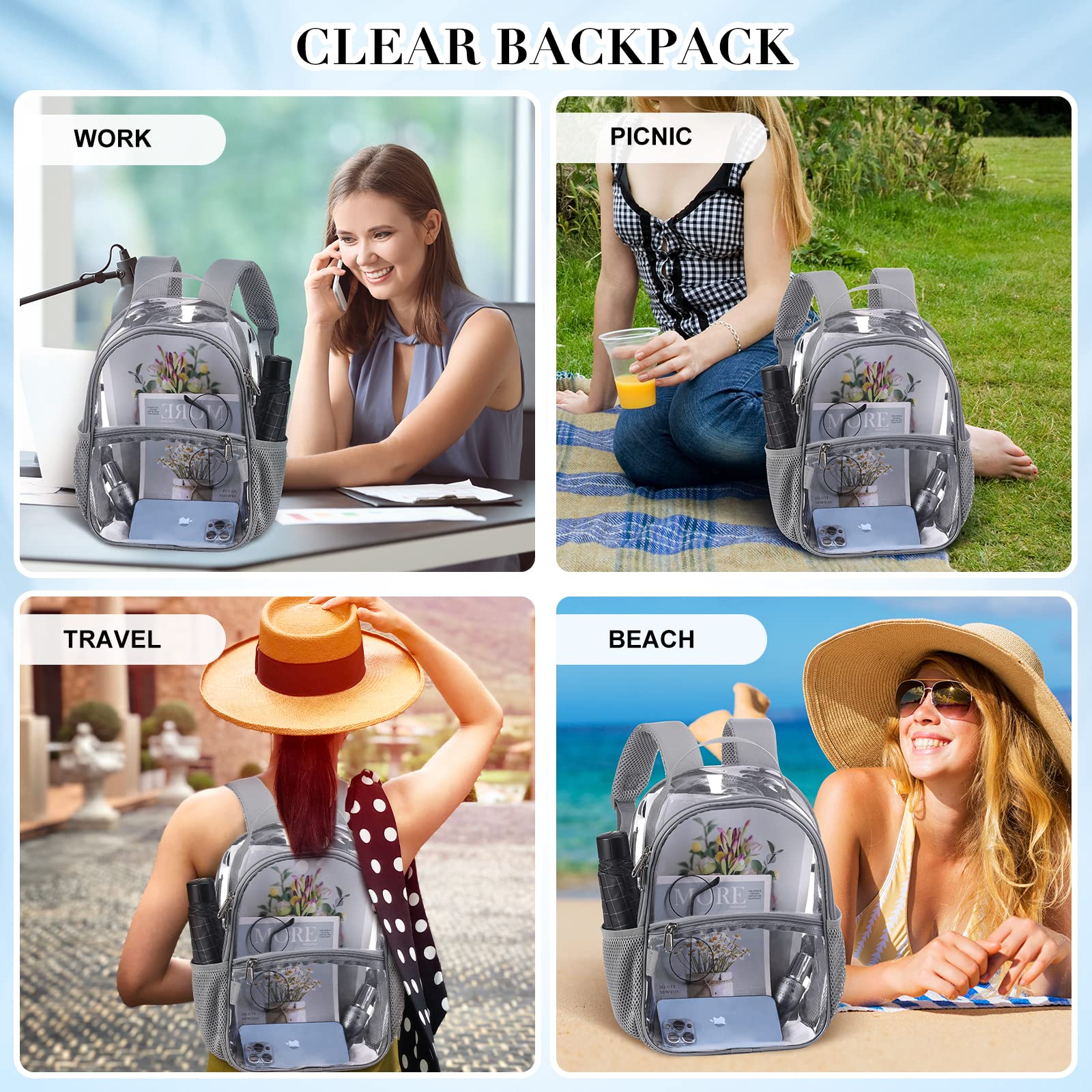 10-Pack Clear Stadium Approved Bags - Small Transparent Plastic Backpack for Work, School, Travel & Events (Grey) | Perfect for Concerts, Sports Games & Airport Security