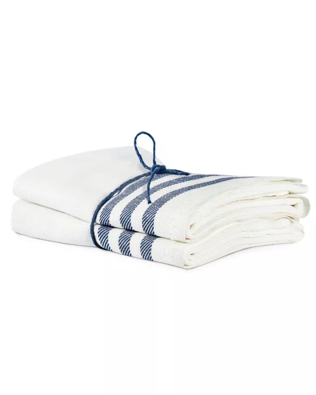 Premium 2-Pack Linen Kitchen Towels 50x70 cm - Light Beige/Navy Blue Striped - Absorbent & Quick-Drying for Cooking, Baking & Dish Drying
