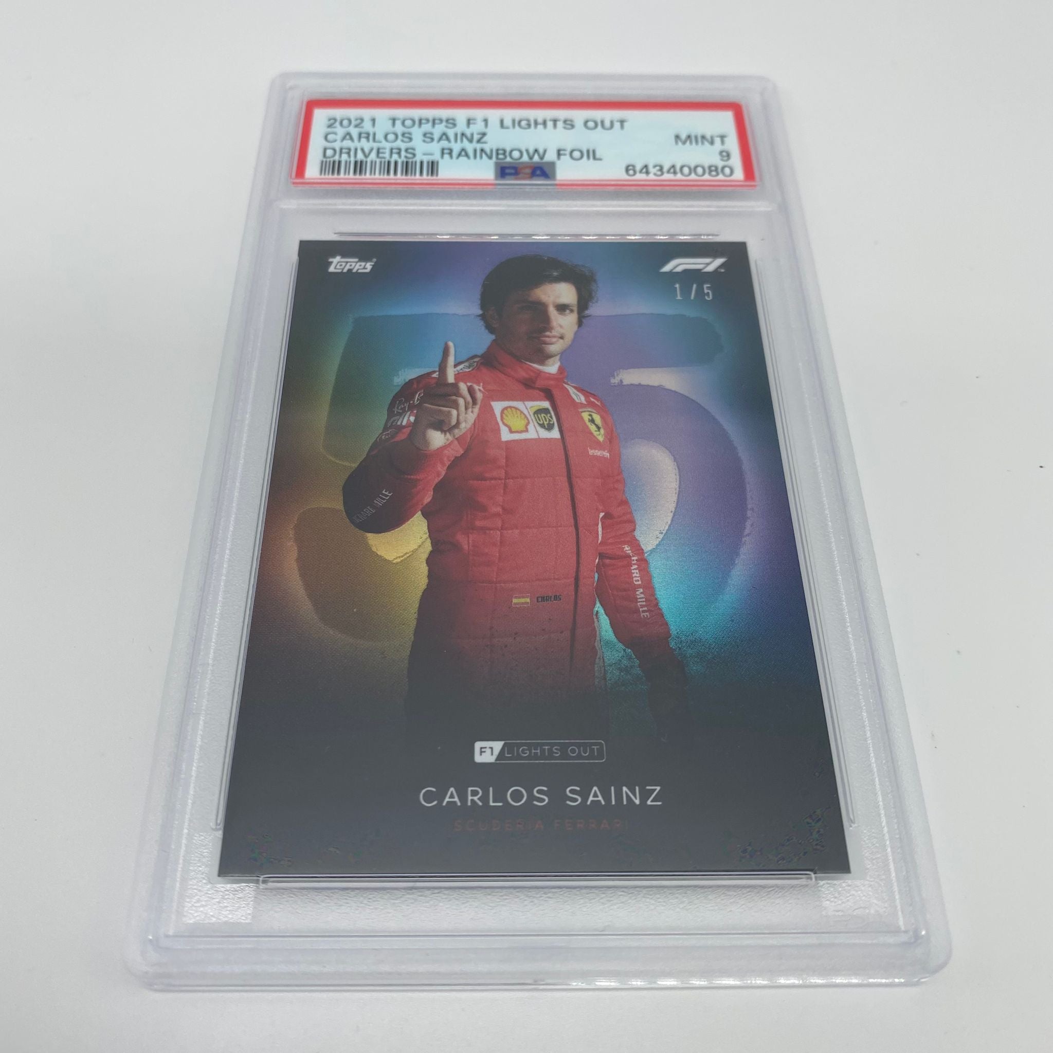 PSA 9 Carlos Sainz 1/5 Rainbow Foil F1 Driver Card - Perfect for Collectors, Racing Fans & Sports Memorabilia Enthusiasts