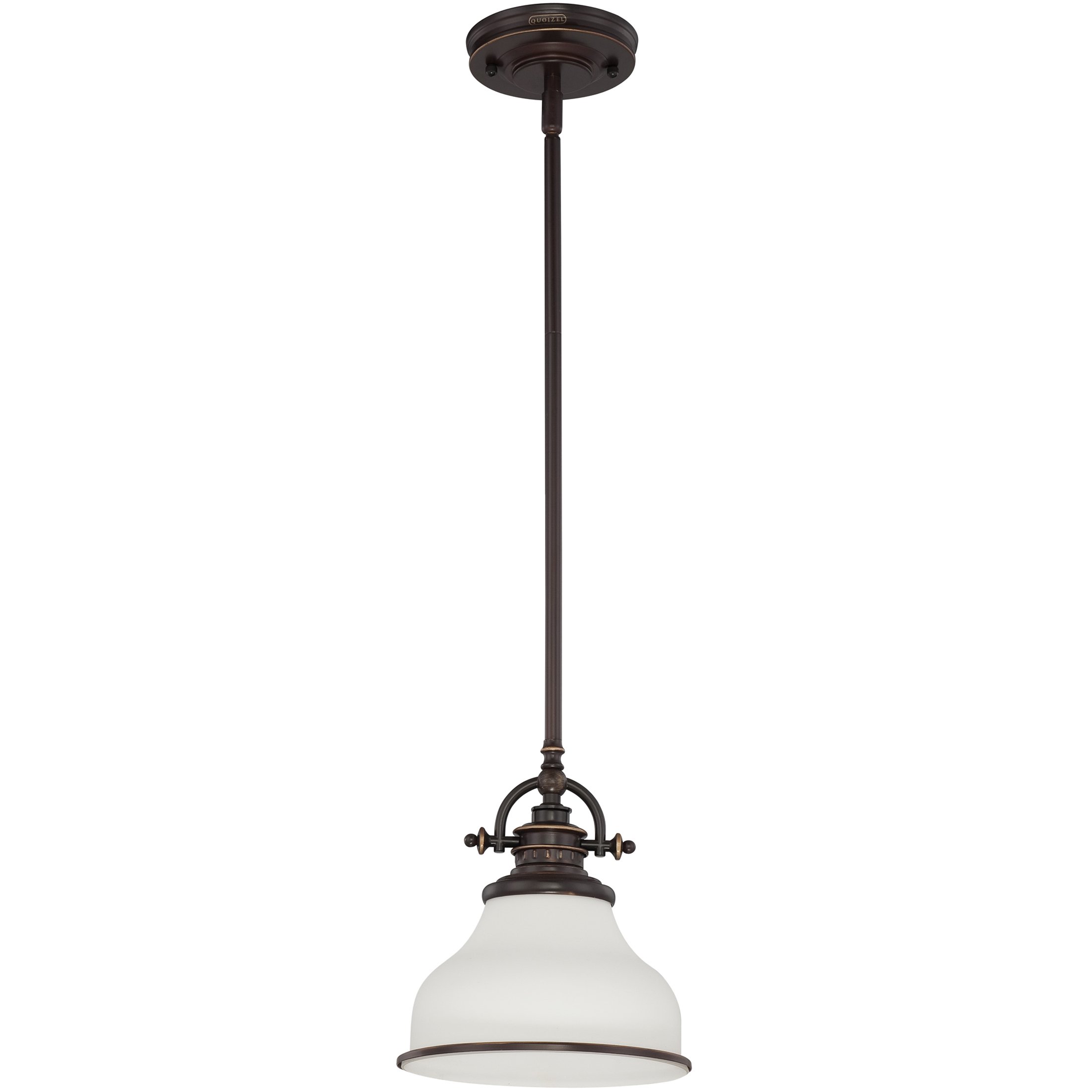 Quoizel Grant Mini Pendant Light - 8 Inch 1-Light Palladian Bronze Opal Etched Glass Hanging Ceiling Fixture for Kitchen Island, Dining Room, Hallway, Bedroom, Bar, Cafe & Office | Modern Industrial Lighting for Home & Commercial Spaces