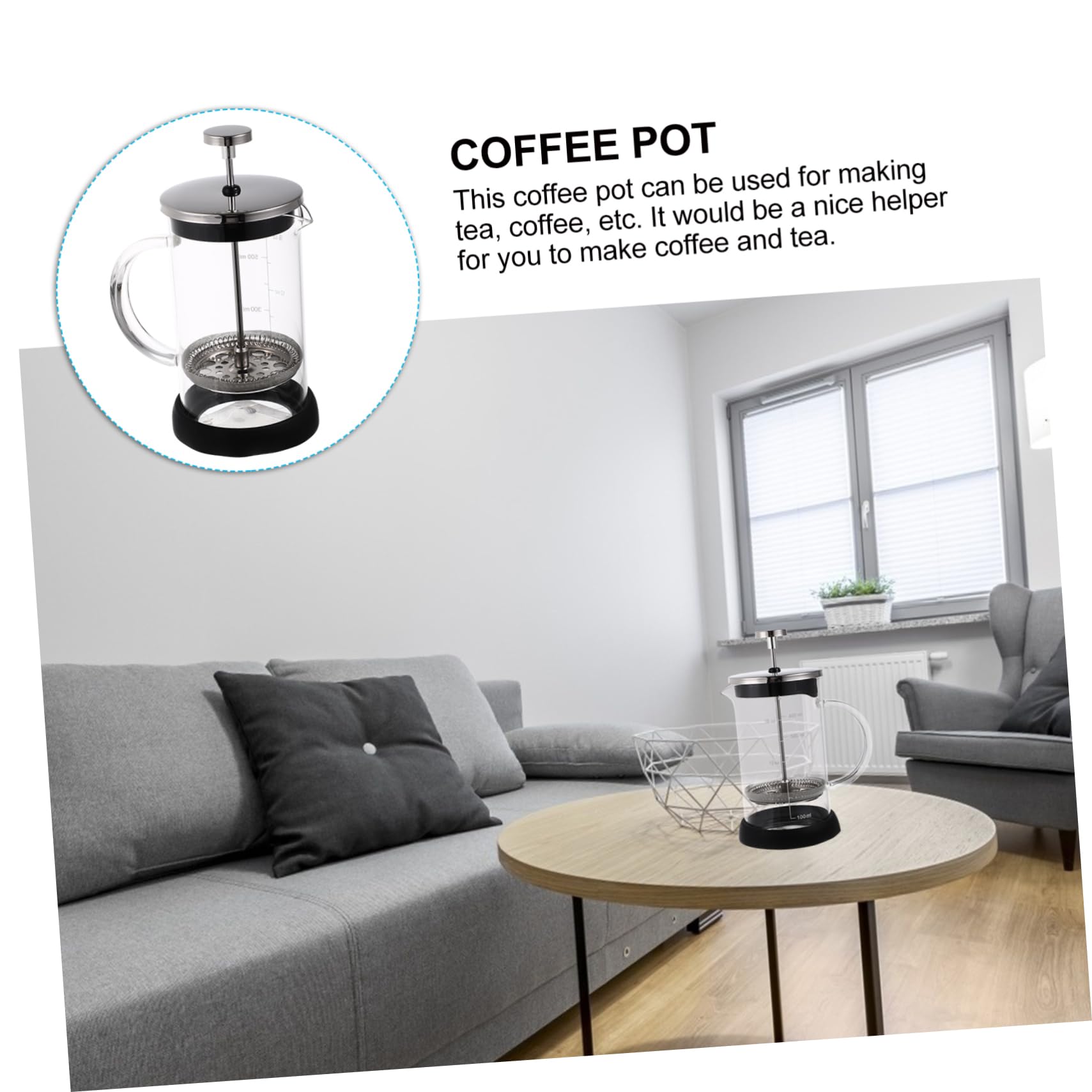 Mikinona 600ml Thick Glass Coffee Maker & Tea Pot with Scale - Manual French Press for Home Brewing, Camping & Office Use