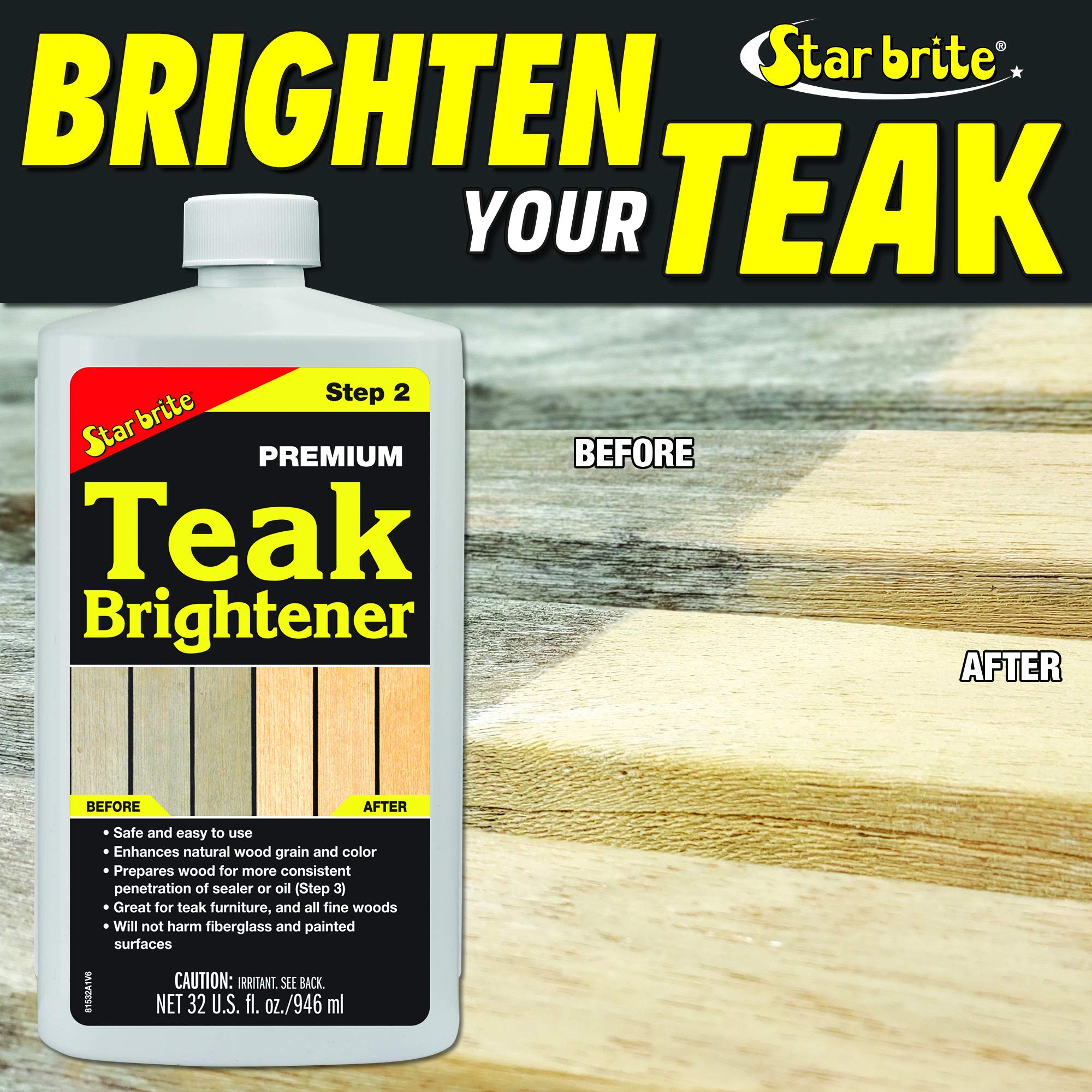 STAR BRITE Premium Teak Brightener - Restores & Enhances Natural Wood Grain, Prepares for Teak Oil, Sealer or Stain - Perfect for Outdoor Furniture, Boat Decks & Wood Restoration Projects