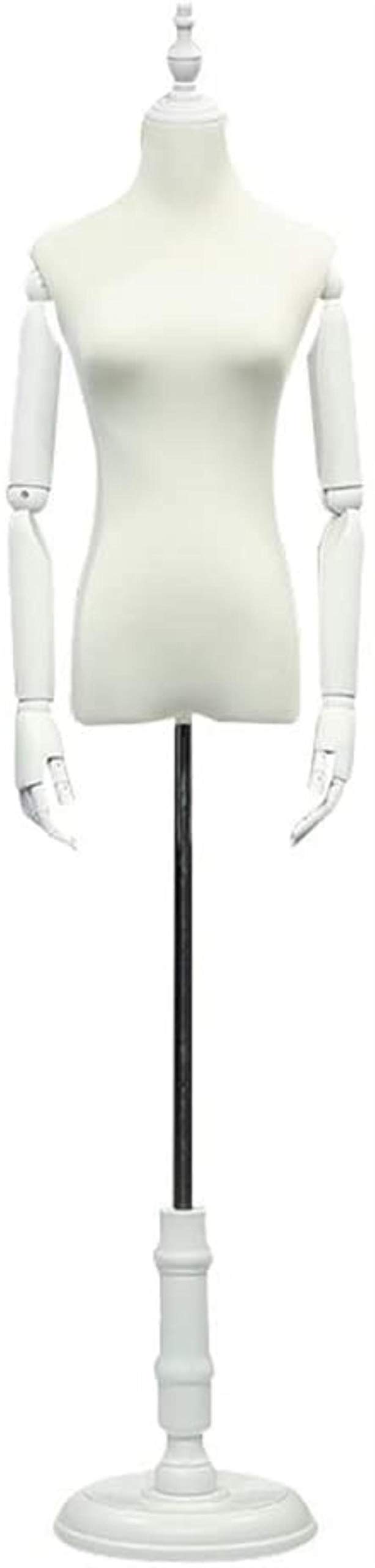 Professional Adjustable Female Dress Form Mannequin with Wooden Flexible Arms & Round Base - White, Size M - Perfect for Clothing Design, Jewelry Display, and Tailoring Workshops