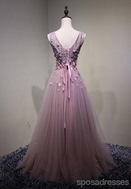 Elegant Pink See-Through V-Neck A-Line Tulle Long Evening Prom Dress 17616 | Formal Gown for Homecoming, Wedding Guest & Special Occasions