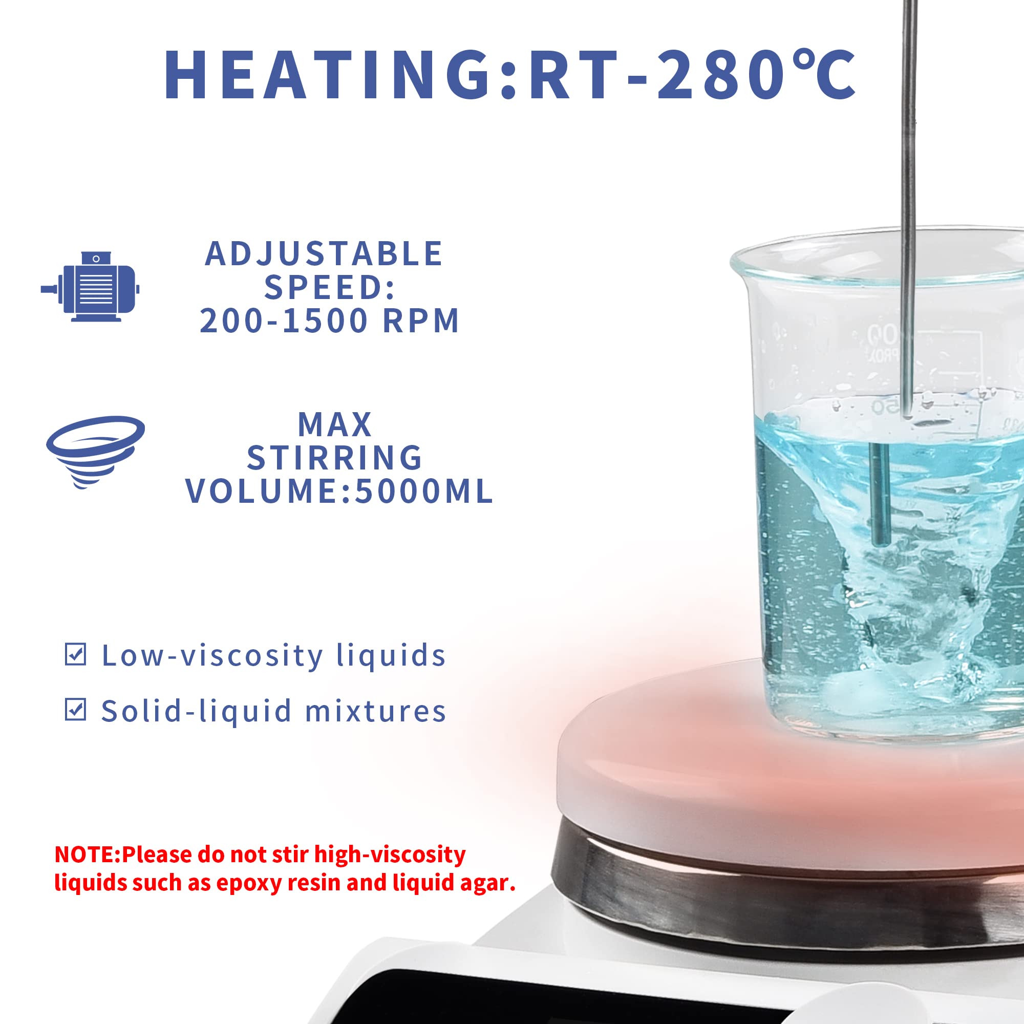 Magnetic Stirrer Hot Plate with LCD Display - 5.3 inch Stirring Surface, 200-1500 RPM, Max 280℃ Heating, 5000ml Capacity, 1-999min Timer, Temp Probe & Stir Bar Included - Perfect for Chemistry Labs, Scientific Research, and Industrial Mixing Applications
