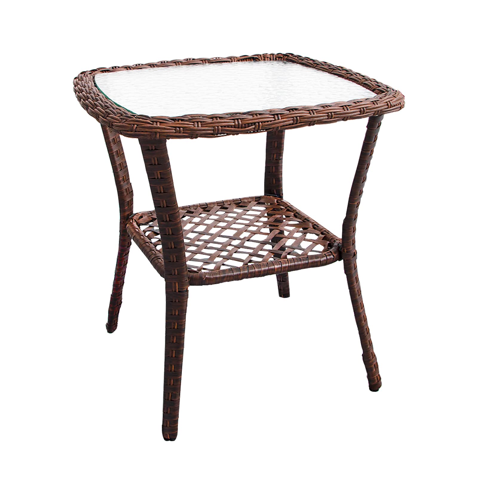 DIMAR GARDEN Outdoor Wicker Side Table with Glass Top and Storage Shelf - Brown Patio Coffee Table for Garden, Balcony & Poolside Decor