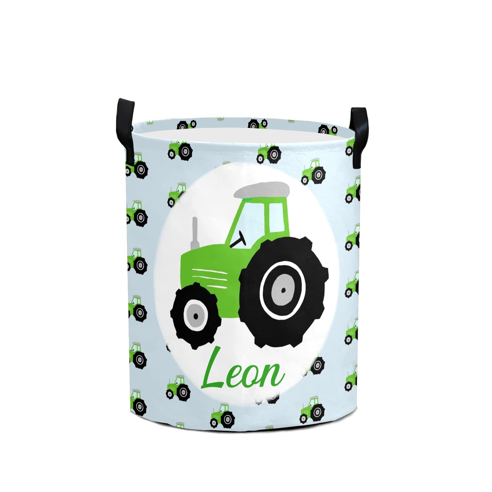 Custom Green Tractors Pattern Laundry Hamper - Personalized Name Storage Basket with Handle for Bathroom, Living Room & Bedroom | Durable Clothes Organizer for Kids Room, Nursery & College Dorm