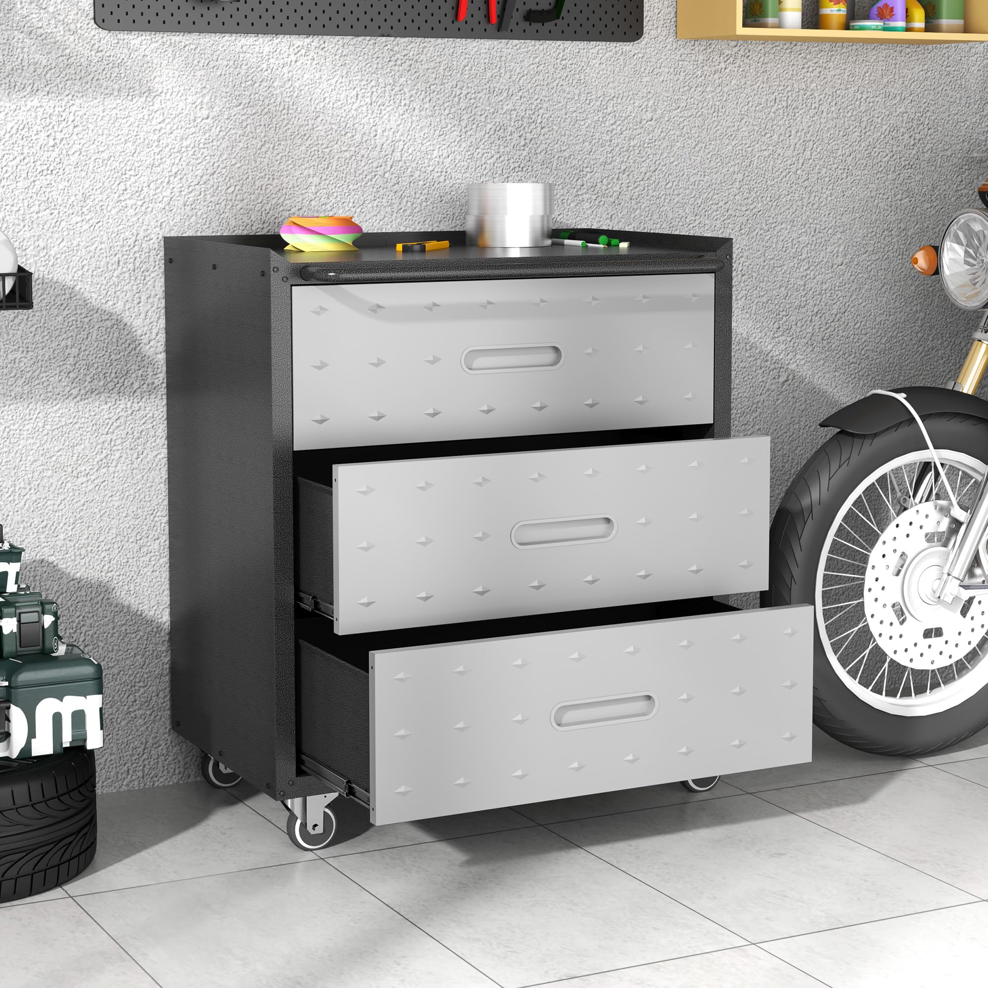 Heavy-Duty Metal Storage Cabinet with Wheels - 3-Drawer Rolling Tool Organizer for Garage, Workshop & Home - Easy Assembly, Black/Grey - Perfect for Tool Storage, Workshop Organization & Garage Shelving Solutions
