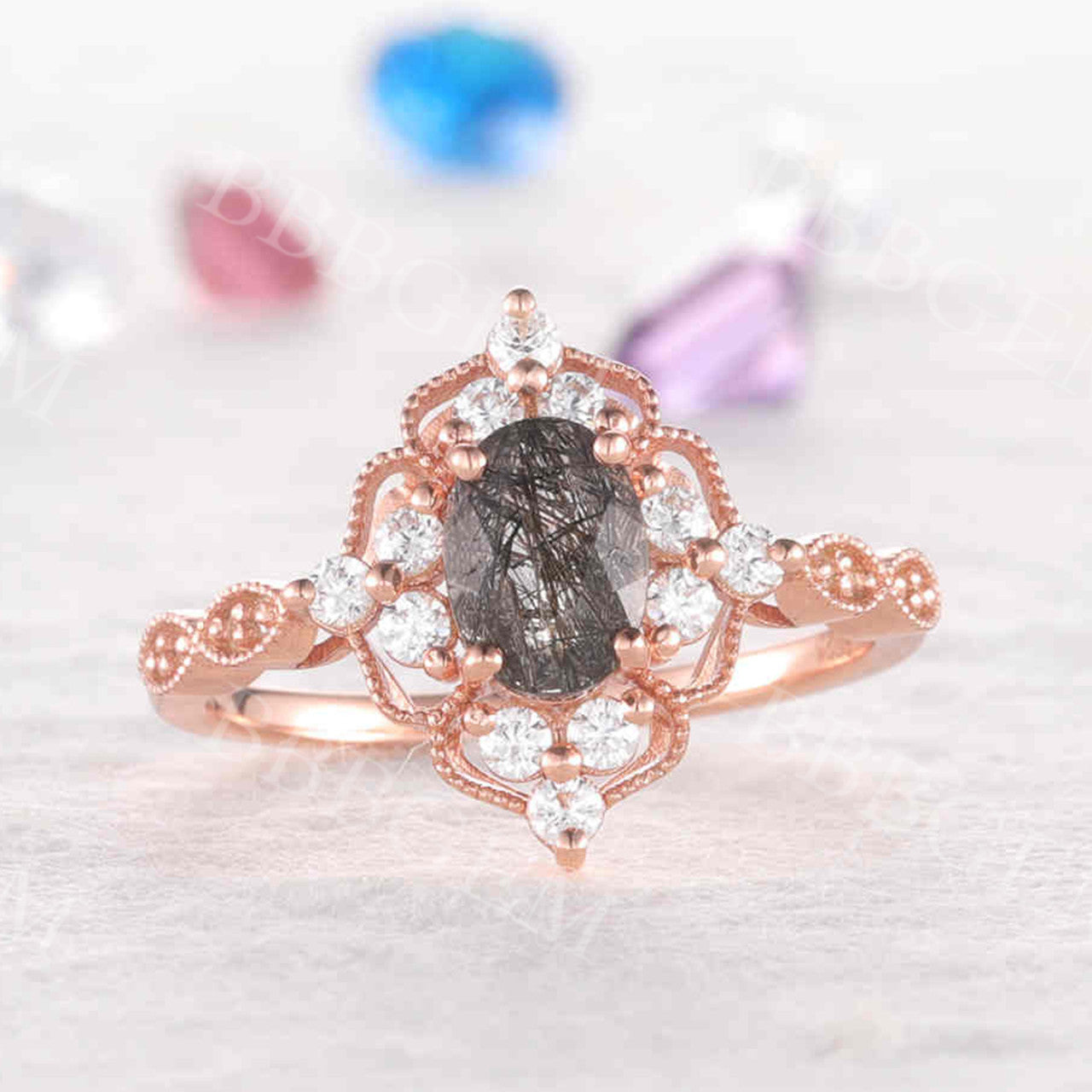 Vintage Black Rutilated Quartz Engagement Ring - Milgrain Filigree Leaf Flower Design - 925 Sterling Silver Wedding Band - Perfect for Romantic Proposals, Anniversary Gifts & Boho Bridal Jewelry