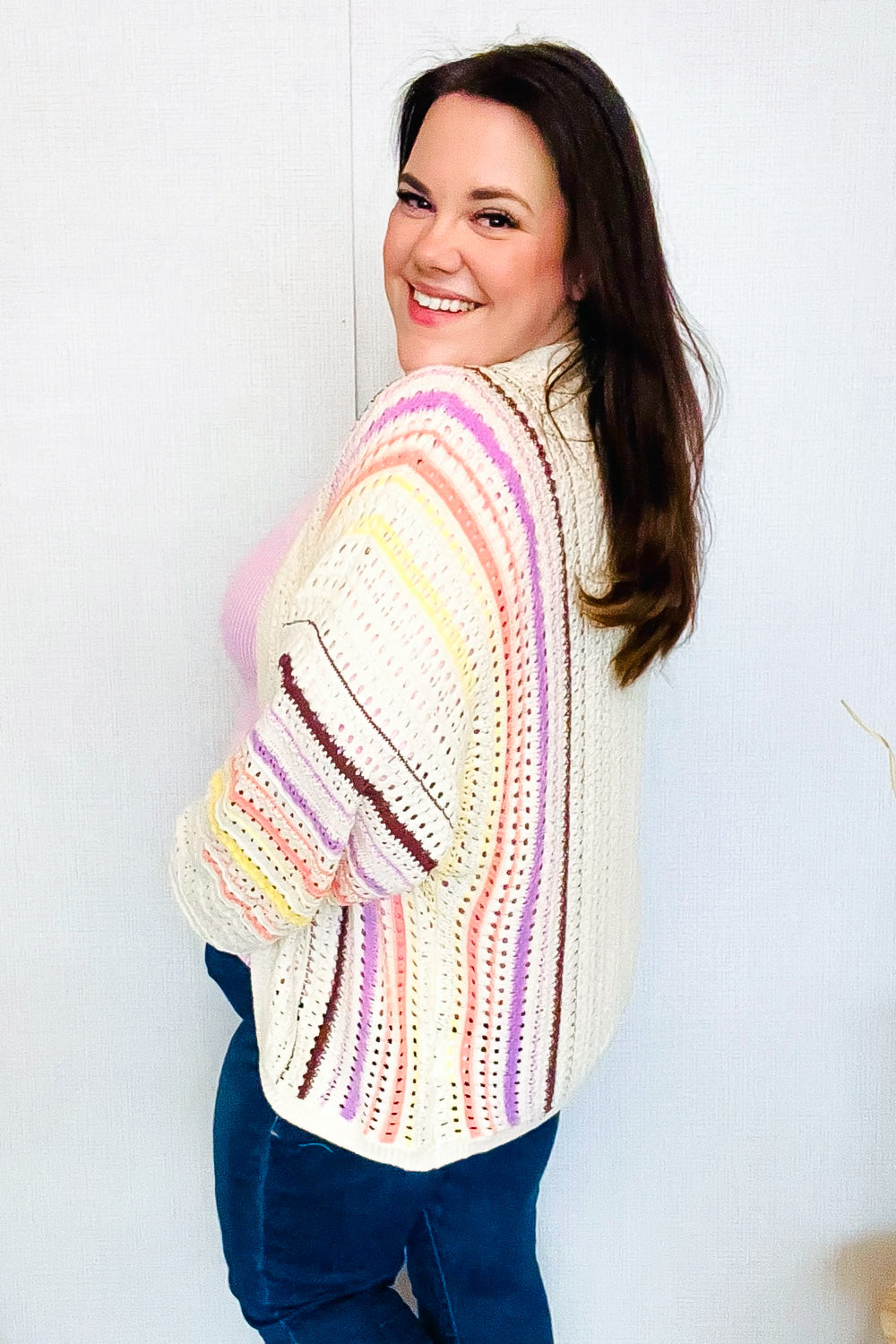 Easy Living Oatmeal Multicolor Stripe Dolman Crochet Cardigan Sweater - Cozy Boho Chic Knitwear for Women | Perfect for Fall Layering, Coffee Dates & Casual Outings