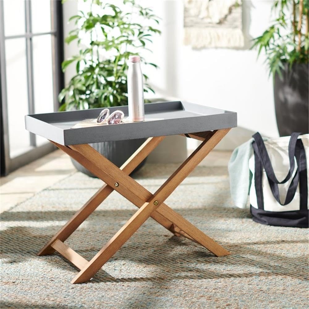 SAFAVIEH Outdoor Collection Terance Natural/Grey Side Table with Removable Tray Top - Patio, Garden, Balcony, Poolside Decor - PAT1505A