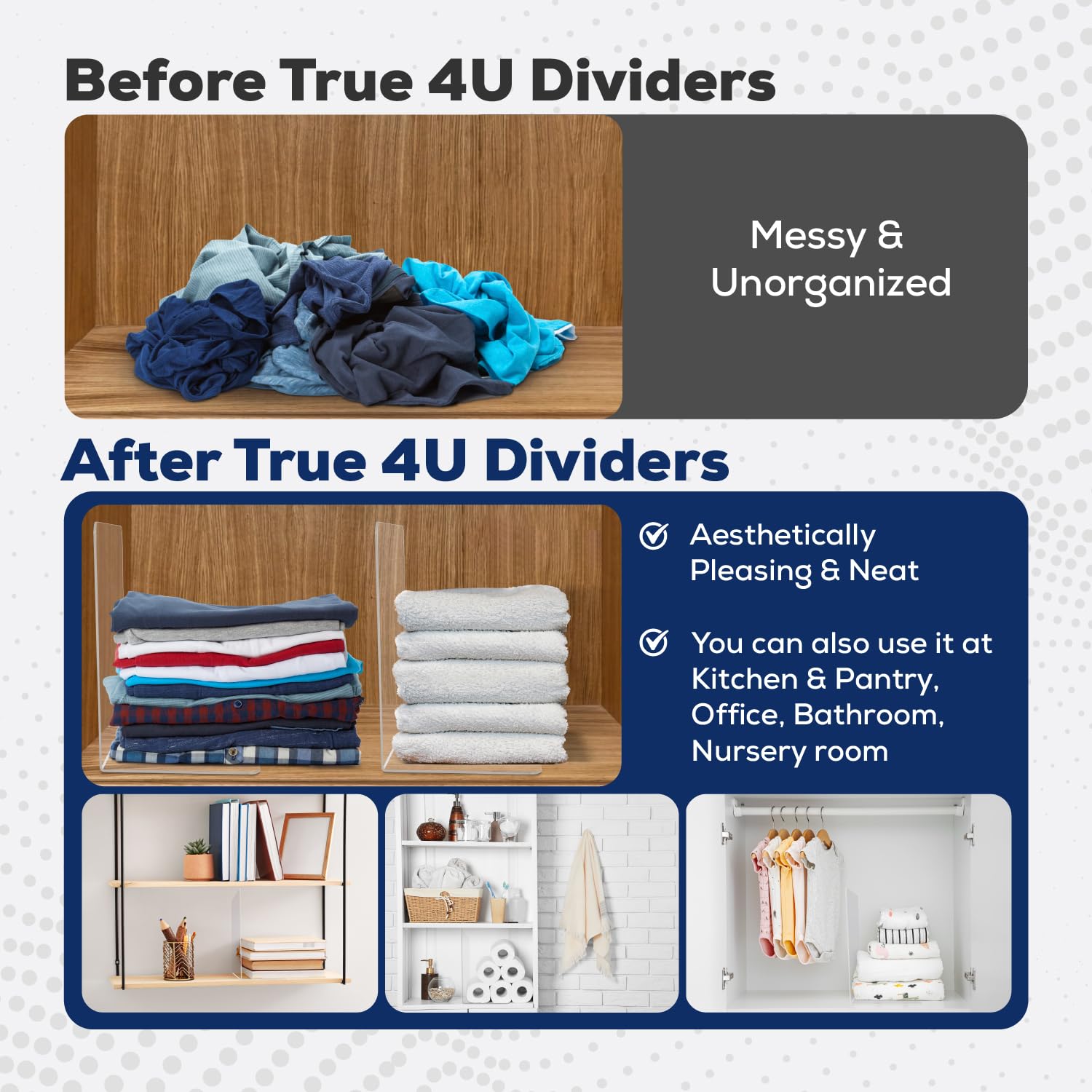 4 Pack Clear Acrylic Shelf Dividers for Closet Organization - Tall & Extra Deep Dividers for Bedroom, Kitchen, Office, Closet & Bathroom - Easy Installation for Neat Storage Solutions
