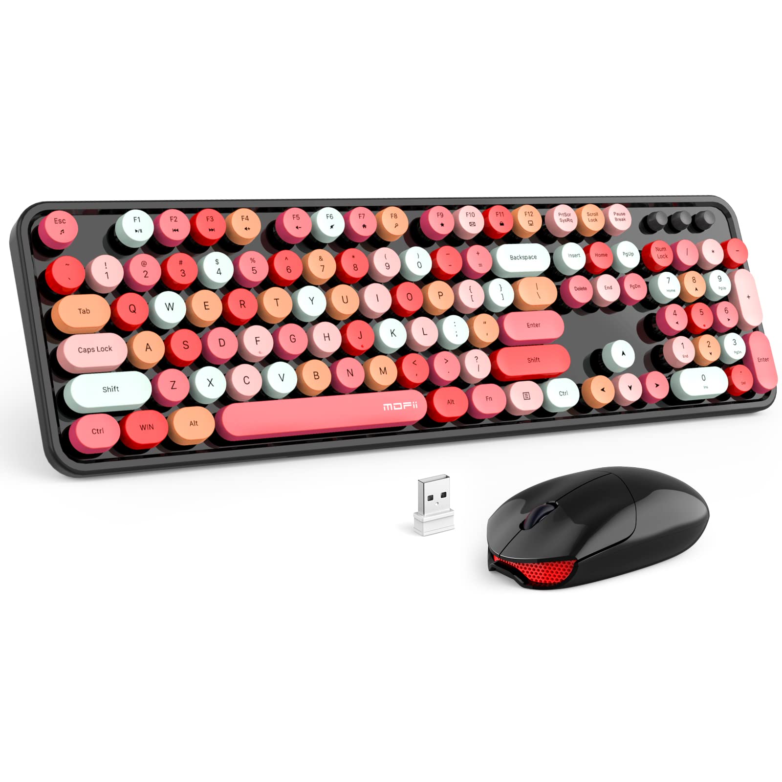 MOFII Retro Wireless Keyboard and Mouse Combo - 2.4GHz Full-Size Keyboard with Round Keycaps & Cute Mouse for PC, Laptop, Chromebook, Smart TV (Black) | Perfect for Home Office, Gaming & Streaming