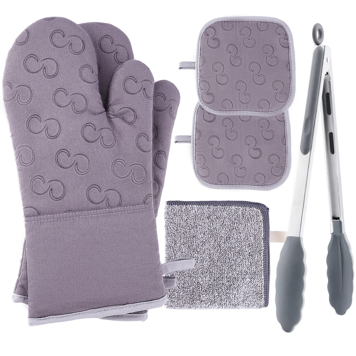 Heat Resistant Oven Mitts and Pot Holders Set with Kitchen Towel & Cooking Tongs - 500°F Non-Slip Silicone Surface for Baking, BBQ, Grilling - 6-Piece Kitchen Accessories (Grey) - Perfect for Home Cooking, Outdoor Camping & Holiday Gift Giving
