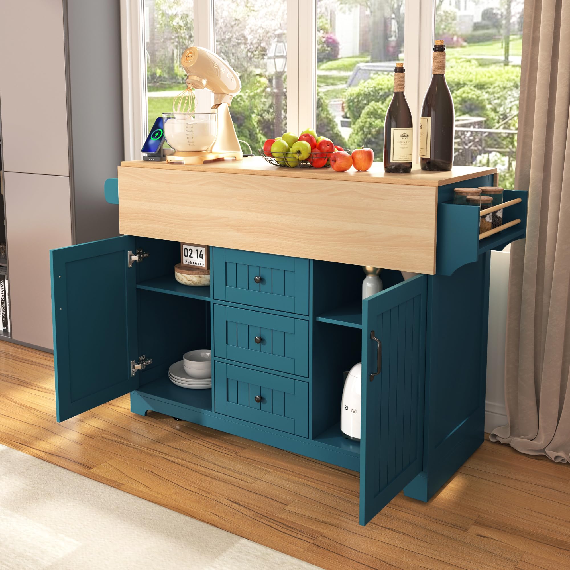 Rolling Kitchen Island Cart with Power Outlets, Drop Leaf Countertop & Storage - Mobile Kitchen Workstation with Barn Door Cabinet and Tower Rack for Cooking, Baking & Entertaining