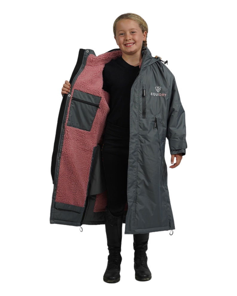 Evolution Kids' Thick Fleece Jacket with Stowaway Hood - Charcoal & Pale Pink - Warm Winter Coat for Boys & Girls - Perfect for School, Outdoor Play & Cold Weather Activities