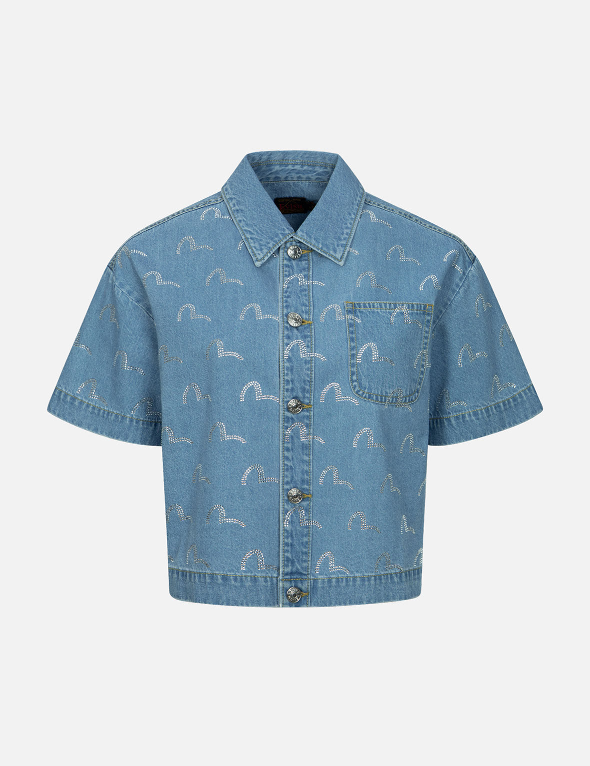 Sparkling Rhinestone Seagull Embroidered Denim Shirt for Women - Trendy Distressed Fit Casual Top for Beach Outings & Nightlife