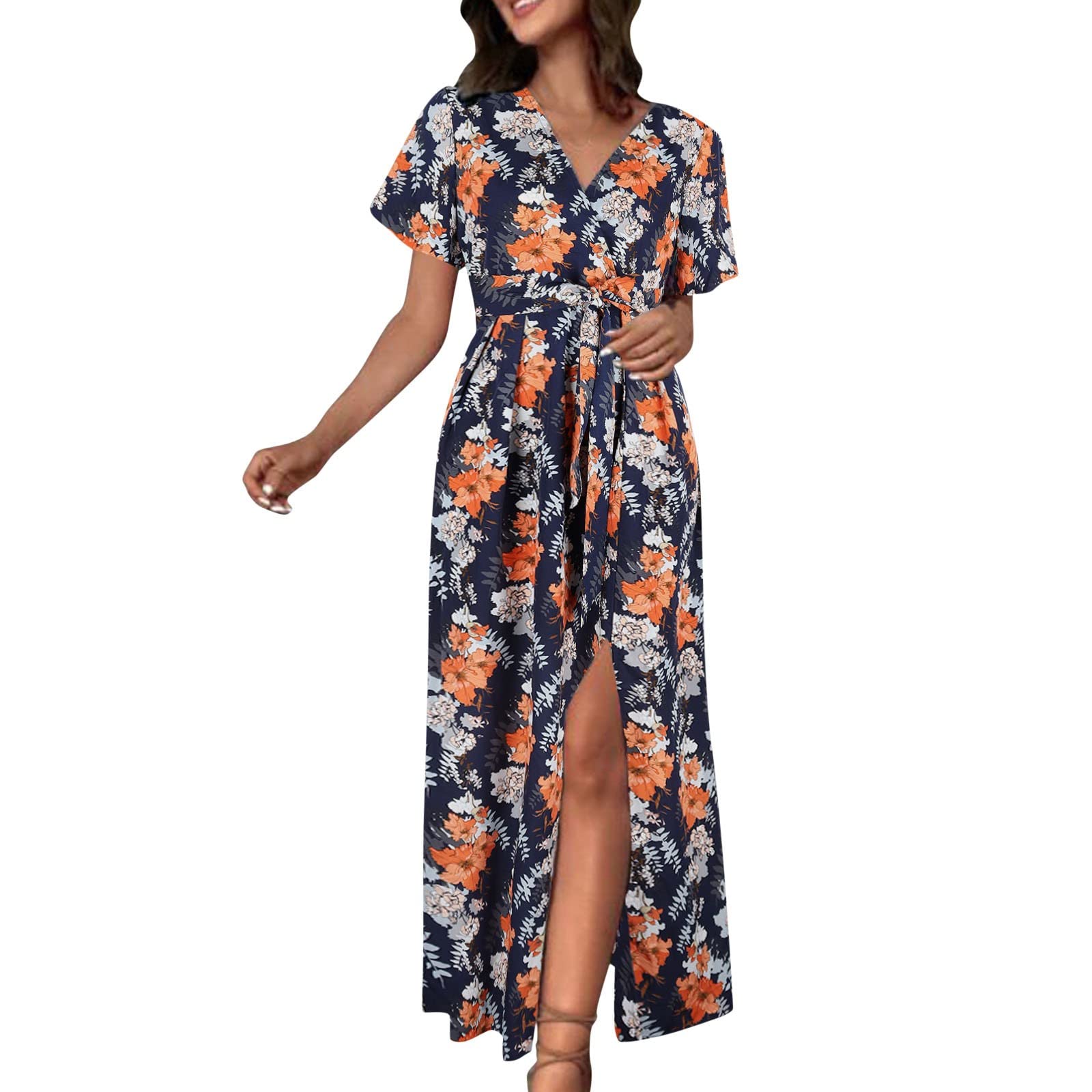 Rmbaby Women's Floral Print V-Neck Short Sleeve Sling Maxi Dress - Casual Summer Mini Dress for Beach, Vacation & Date Night Outfits