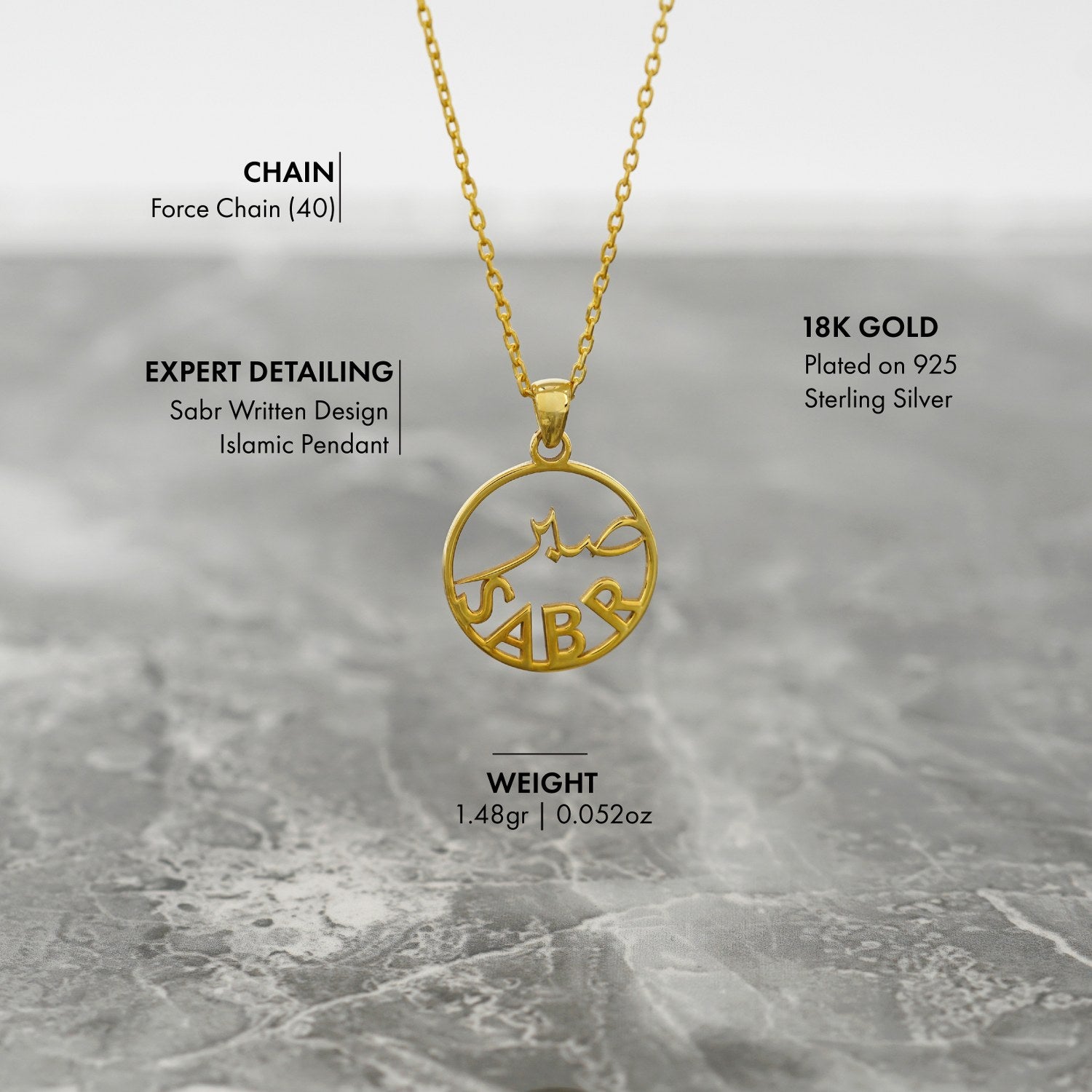 Islamic Pendant Necklace - 18K Gold Plated Silver Pendant with Arabic 'Sabr' Inscription - Perfect for Daily Wear, Gift Giving & Religious Occasions