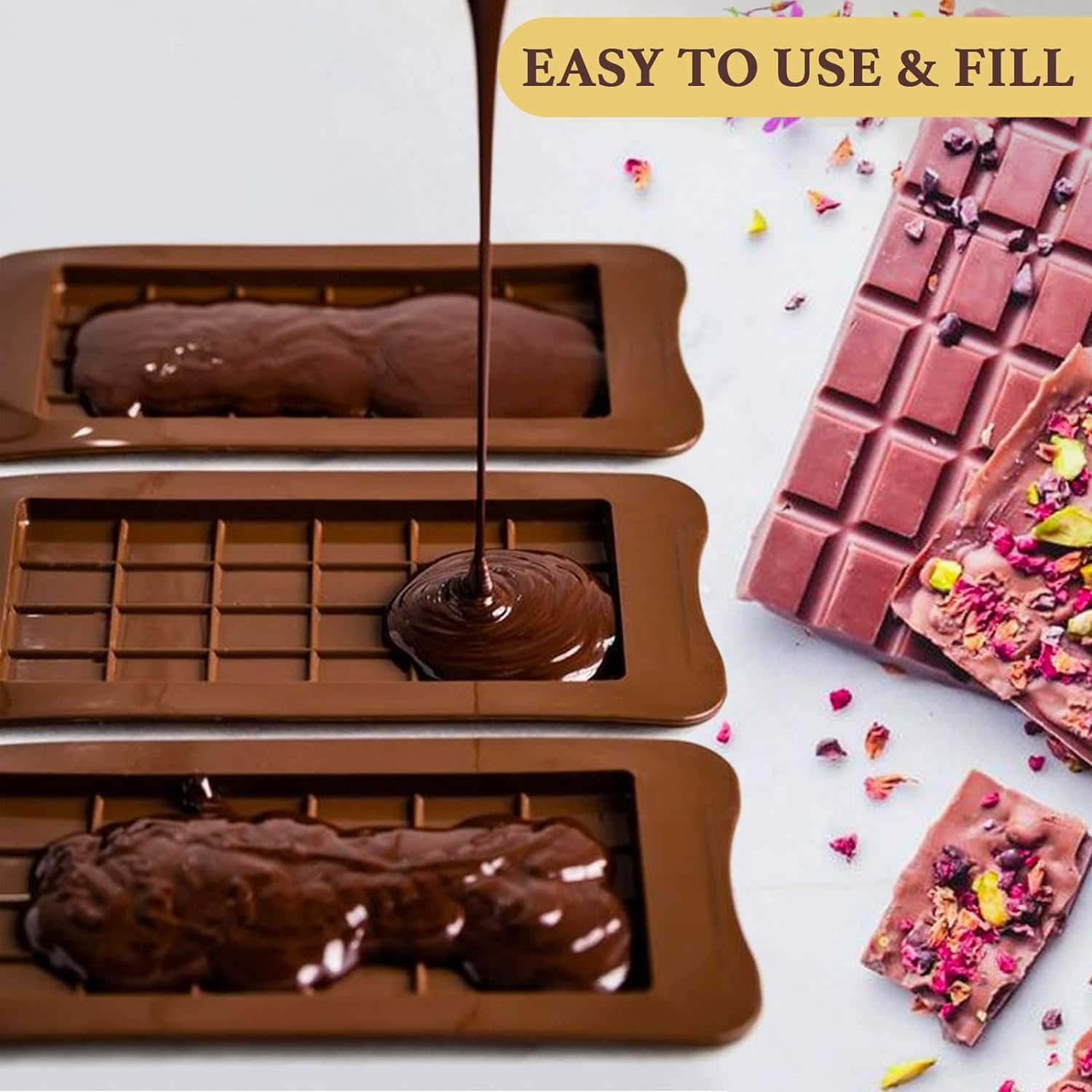 4 Pack Silicone Chocolate Molds - Food Grade, Break-Apart Heart, Cadbury, Bubble & Fragment Shapes - Non-Stick Candy, Protein & Energy Bar Molds for Baking, DIY Snacks & Party Treats