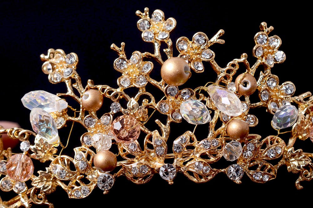 Wholesale Golden Floral Tiara Crown for Women - Elegant Bridal Hair Accessories, Wedding Headpiece, Prom Queen Party Decor - Perfect for Brides, Pageants, Cosplay & Special Occasions