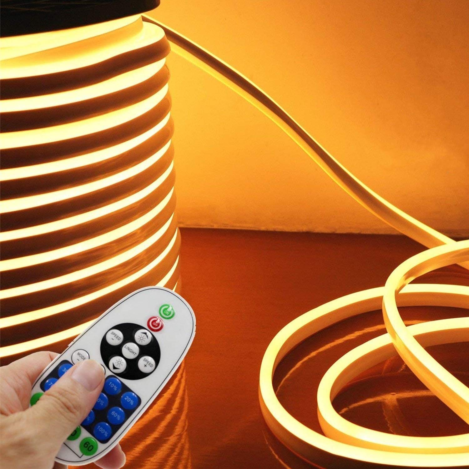 Flexible LED Neon Strip Lights 65.6ft/20m - Dimmable Waterproof 2835 SMD Rope Light with Remote, 120 LEDs/M, AC 110-120V for Warm White Home Decoration - Perfect for Bedroom, Bar, Wedding & Party Lighting