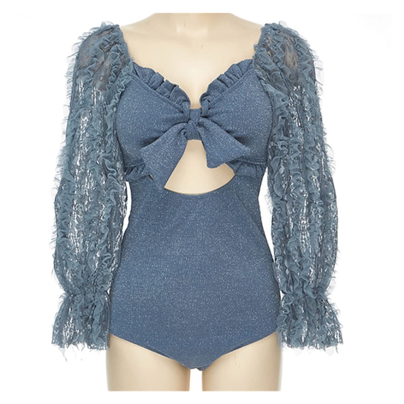 Women's Sexy Ruffle Long Sleeve One Piece Swimsuit - Solid Color Lace Bikini with Push Up & Hollow Design - Medium Size (Color A) | Beachwear, Pool Party, Summer Vacation, Swimwear Fashion
