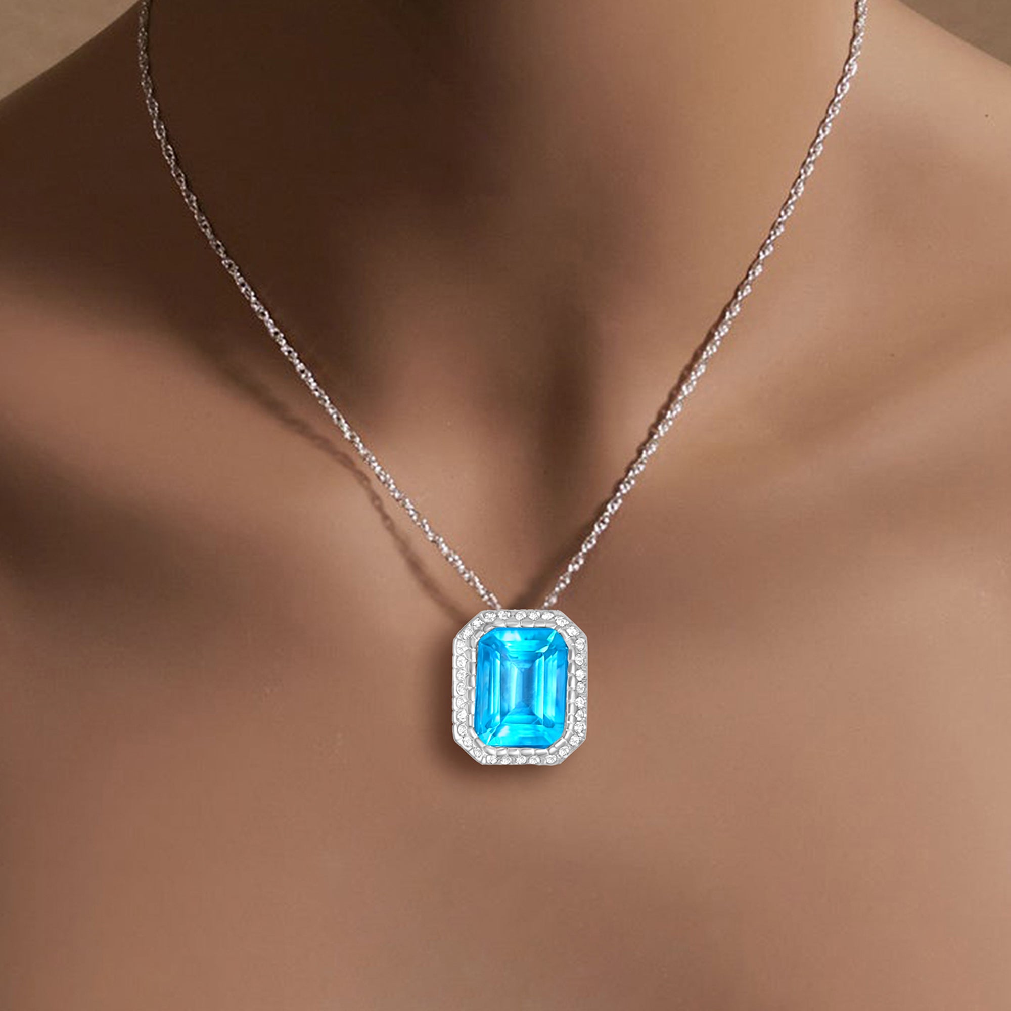 Emerald Cut Blue Topaz Diamond Halo Necklace 16.64cttw 14k White Gold - Elegant Jewelry for Weddings, Anniversaries & Special Occasions