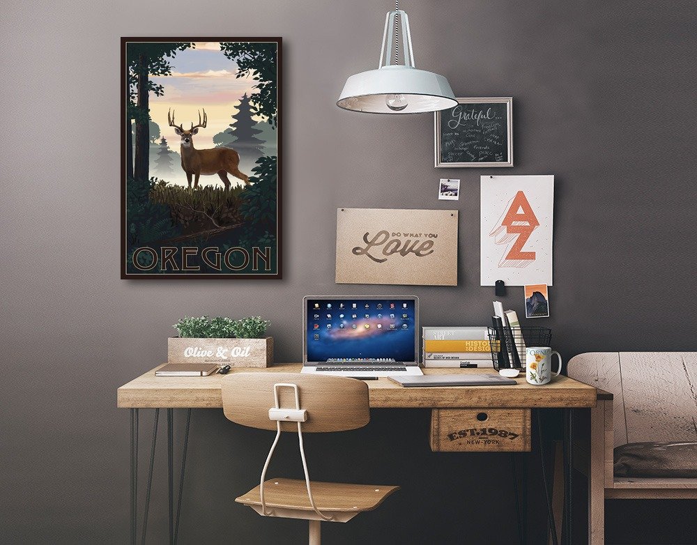 Lantern Press Oregon Deer and Sunrise Wall Art - 16x24 Wrapped Canvas Print for Home Decor - Nature Landscape Painting for Living Room, Bedroom & Office