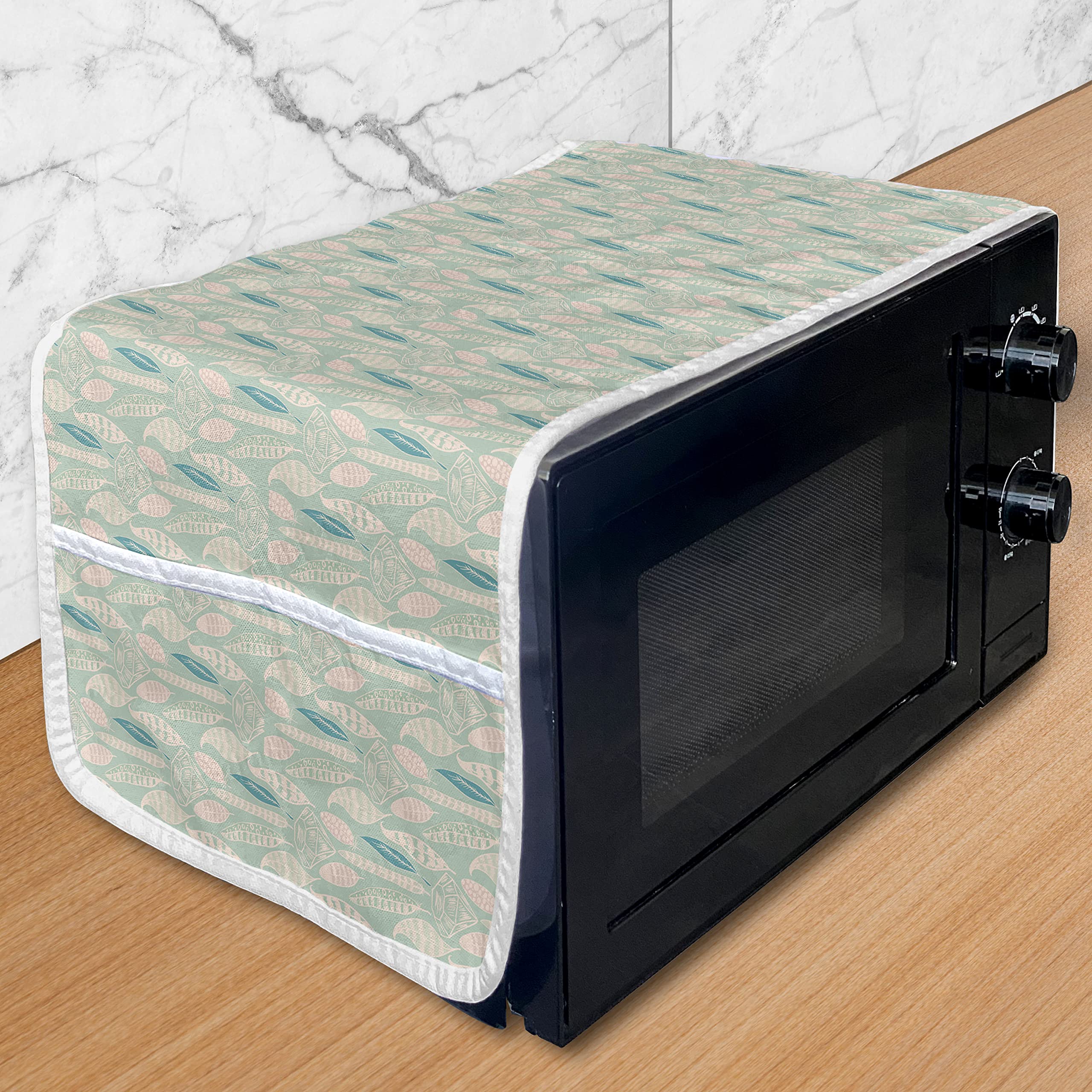 Ambesonne Feather Microwave Cover - Waterproof Kitchen Organizer with Pockets, Romantic Diamond Leaves Design in Pastel Tones, 36 x 12 Inches, Almond Green Eggshell - Perfect for Microwave Protection & Kitchen Decor
