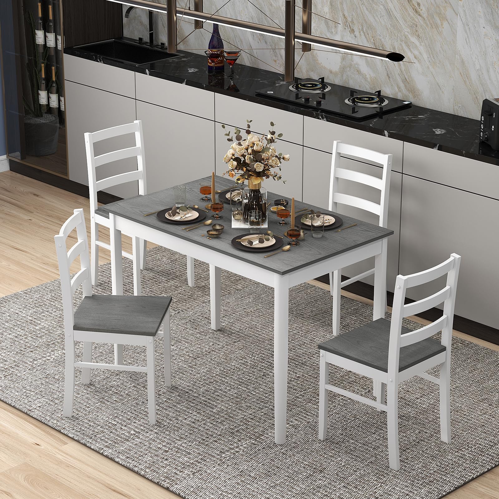 GOFLAME 5-Piece Farmhouse Dining Table Set for 4 - Space-Saving Kitchen Table & 4 Chairs with Durable Rubber Wood Legs, Grey Wooden Dinette Set for Small Spaces, Breakfast Nook, Apartment, or Cozy Dining Room | Perfect for Family Meals, Entertaining Guests & Daily Use