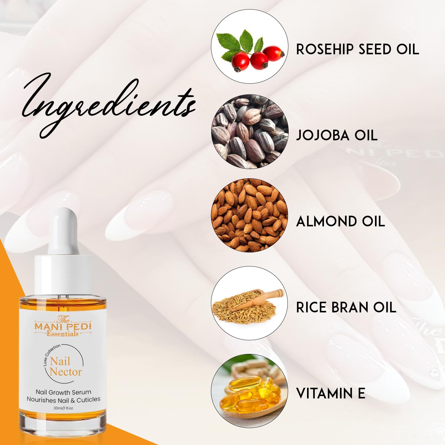 Natural Nail Growth Oil with Rosehip, Jojoba & Almond Oils - Strengthens Nails & Hydrates Cuticles for Faster Growth - 1 Fl Oz - Perfect for At-Home Manicures & Nail Care Routine