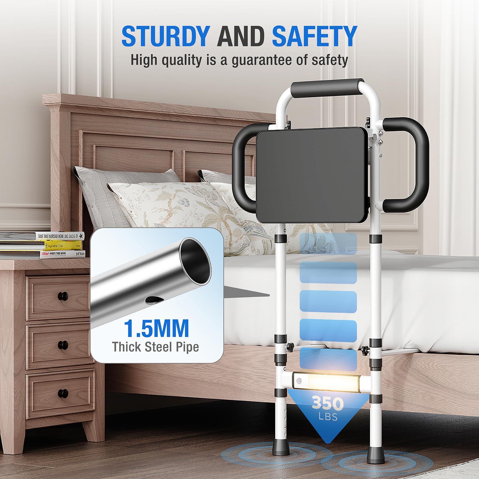 **Adjustable Bed Rails for Elderly Adults - Safety Bed Assist Rail with Non-Slip Handle, Foldable Desk & Motion Sensor Light - Supports Up to 350 lbs - FSA/HSA Eligible - Fits King, Queen, Full & Twin Beds - Ideal for Home Care, Hospitals & Mobility Assistance**