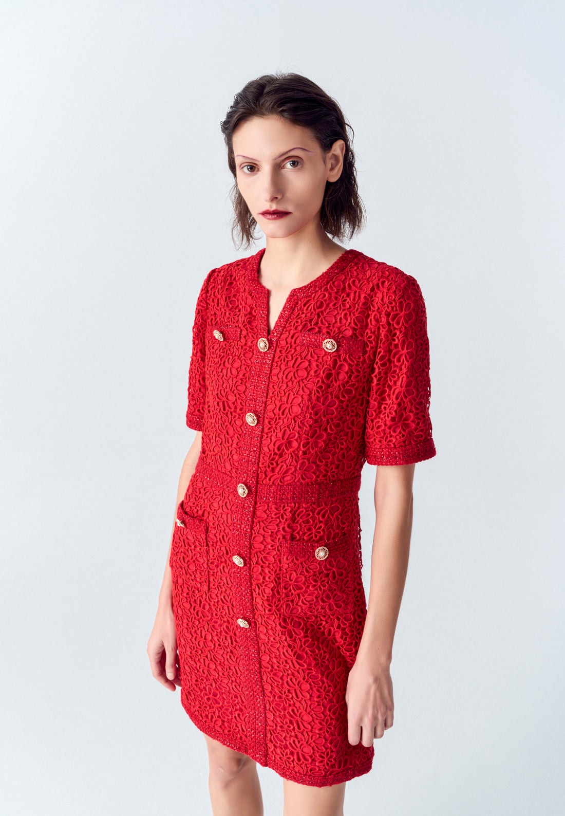 Elegant Red Signature Short Sleeve Lace Tweed Dress for Women - Perfect for Cocktail Parties, Weddings & Special Occasions