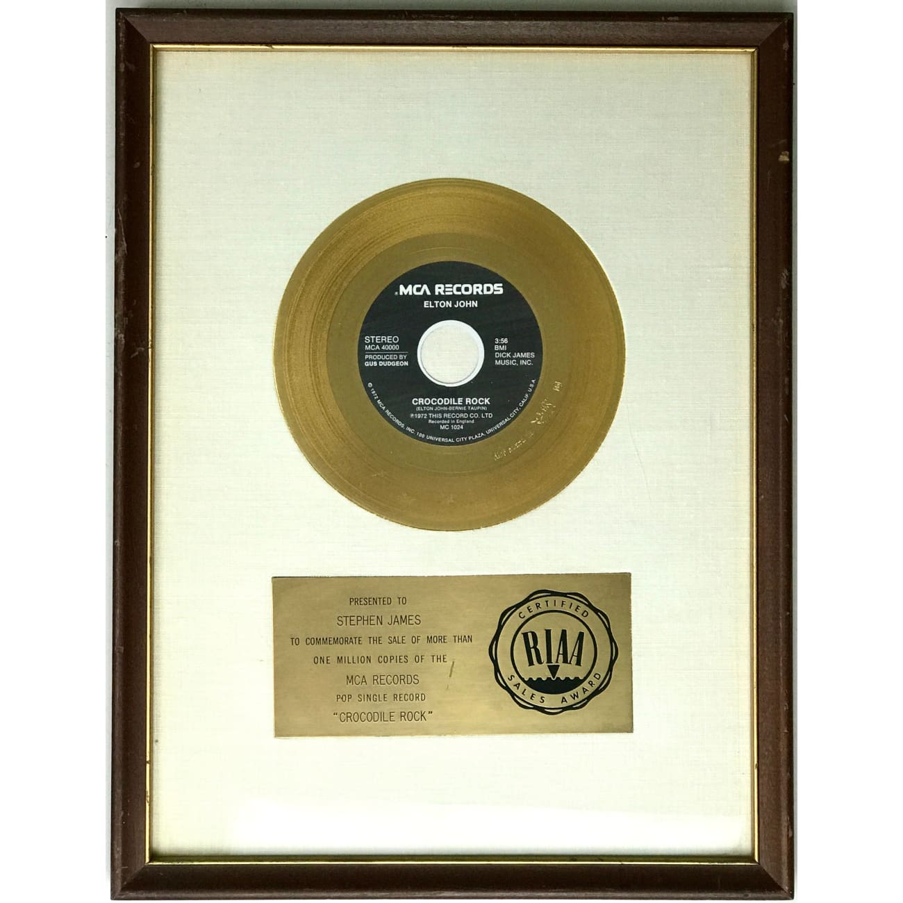 Elton John Crocodile Rock White Matte RIAA Gold 45 Award - Rare Collectible Vinyl Record for Music Enthusiasts & Home Decor
