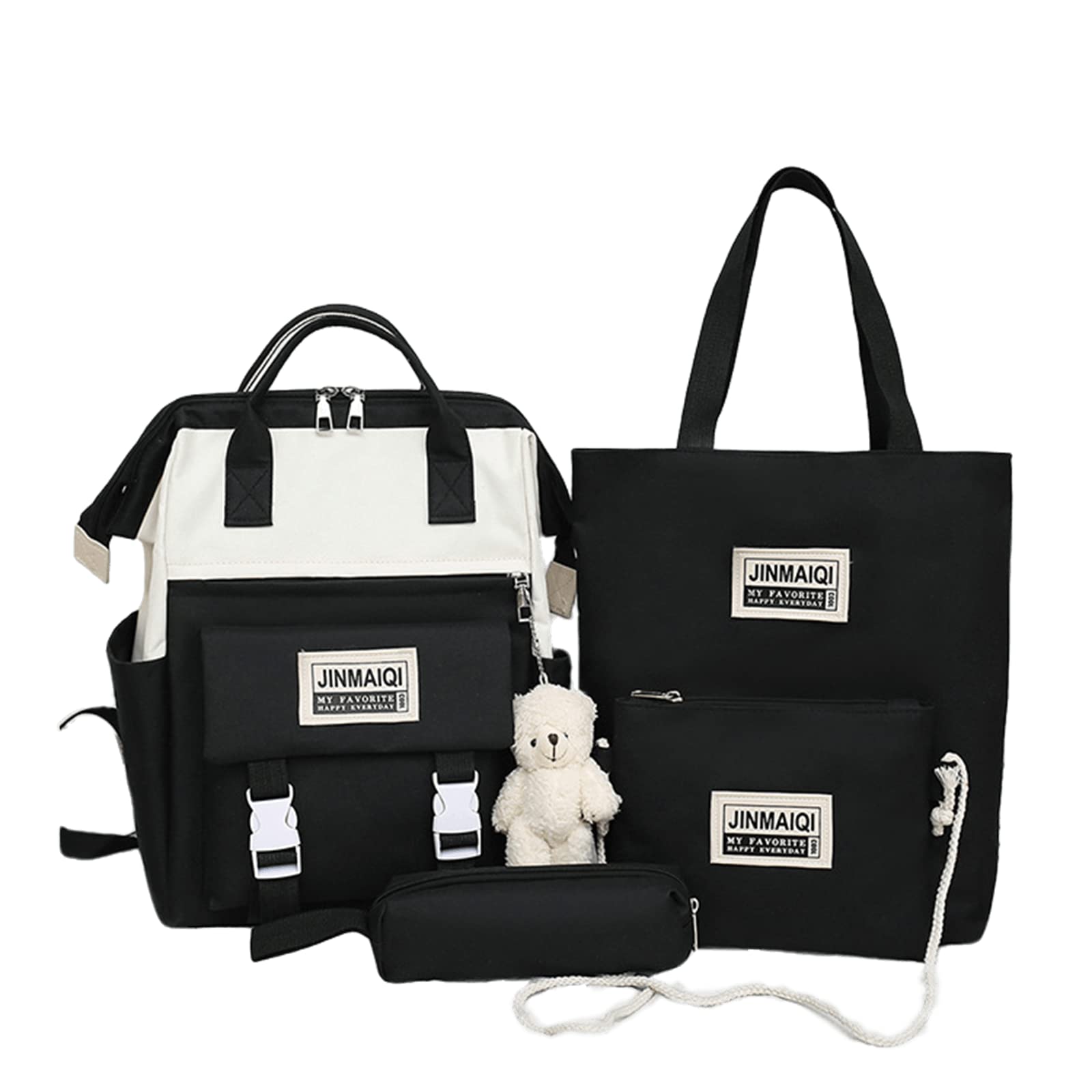 4Pcs Cute Bear Backpack Set with Pendant - Large Canvas Laptop School Bag & Tote Bag for Women Teens Girls - Perfect for School, College, Travel & Daily Use (Black)