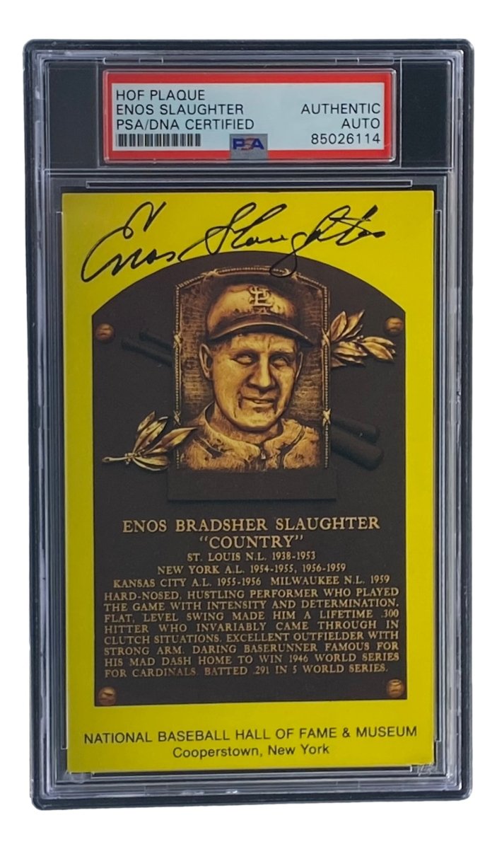 Enos Slaughter Autographed 4x6 St. Louis Cardinals Hall of Fame Plaque Card - PSA/DNA Certified #85026114 - Perfect for Baseball Memorabilia Collectors & Cardinals Fans Display