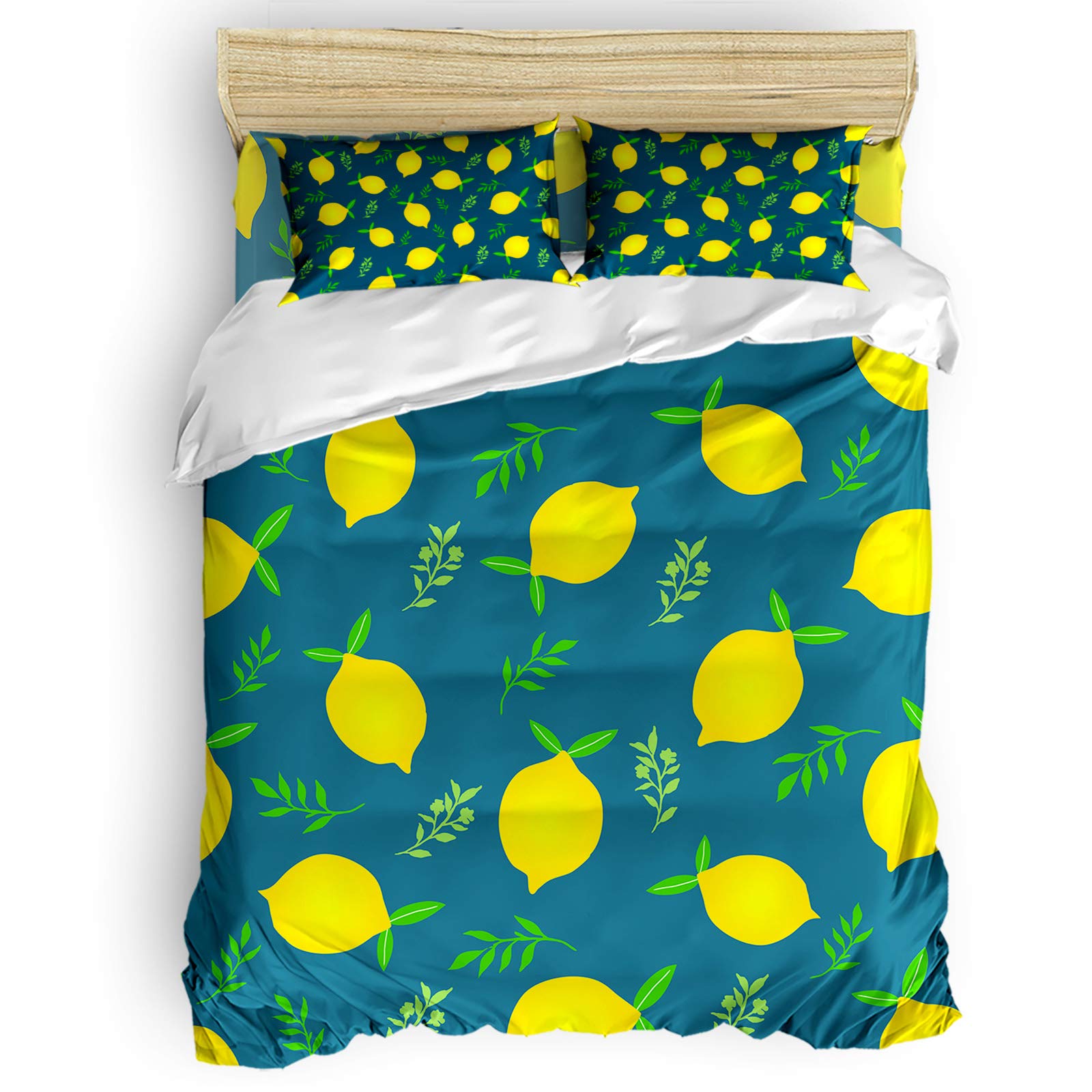 PartyShow 4-Piece Queen Bedding Set - Summer Lemon Green Leaf Print Comforter Cover with 2 Pillowcases | Soft & Breathable for Girls, Boys & Bedrooms | Blue Fruit Design | Perfect for Kids' Rooms, Guest Bedrooms & Dorm Decor