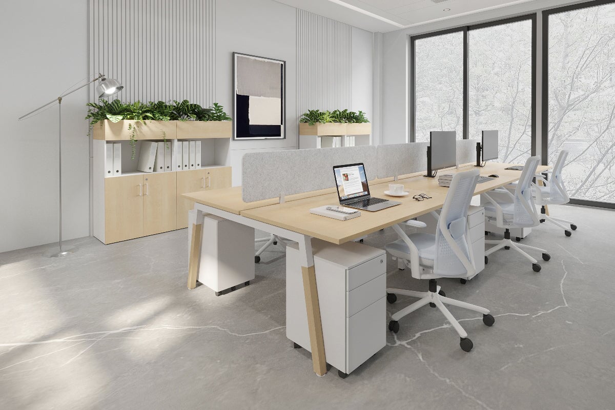 Quadro A Legs 6-Person Office Workstation with Wood Legs & Cross Beam [1800L x 700W] - Perfect for Collaborative Workspaces, Open Offices & Conference Rooms