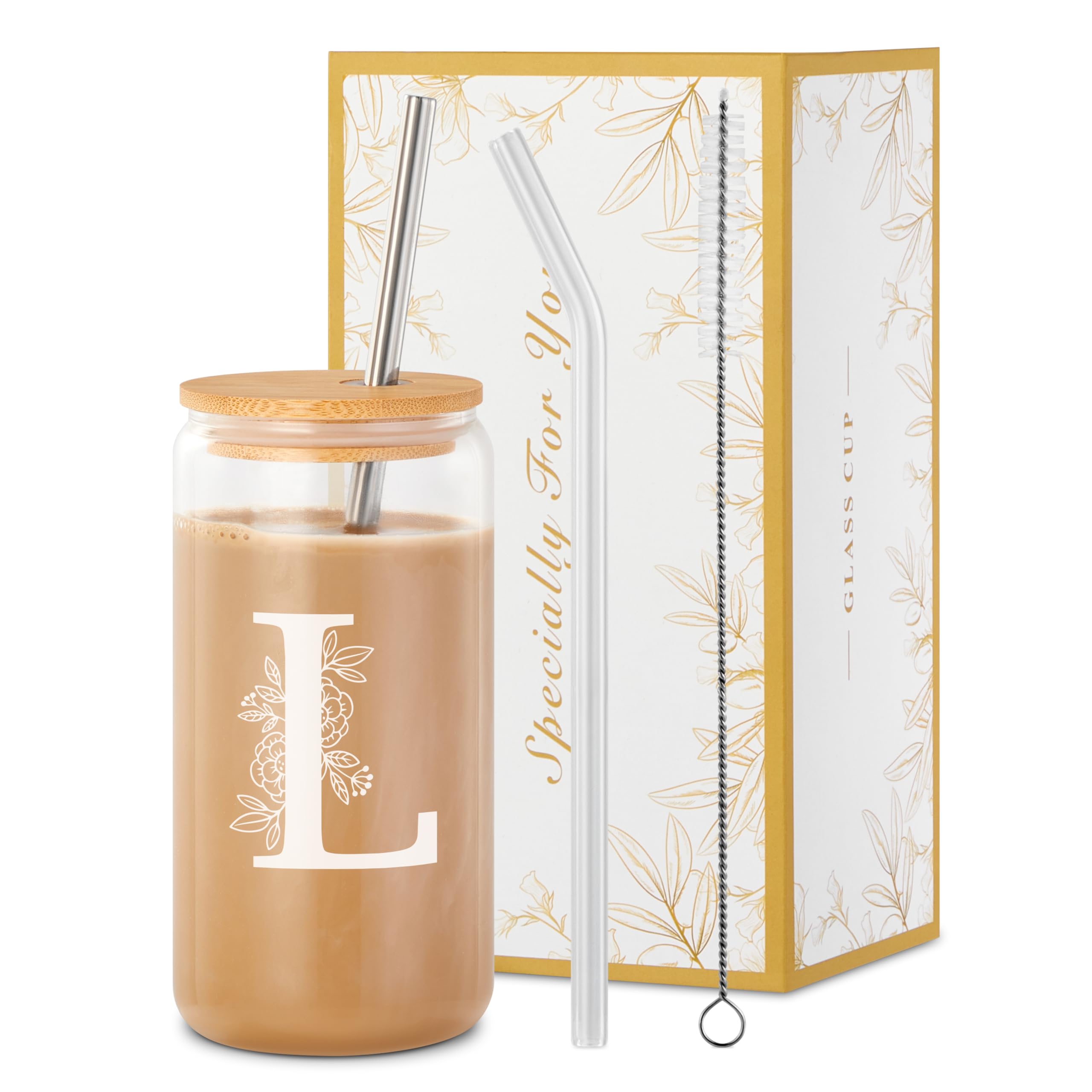 Personalized 16oz Glass Coffee Cup with Lid & Straw - Custom Monogram Initials Gift for Women - Perfect for Coffee, Tea, Beer & Smoothies - Great for Office, Home & Travel Use