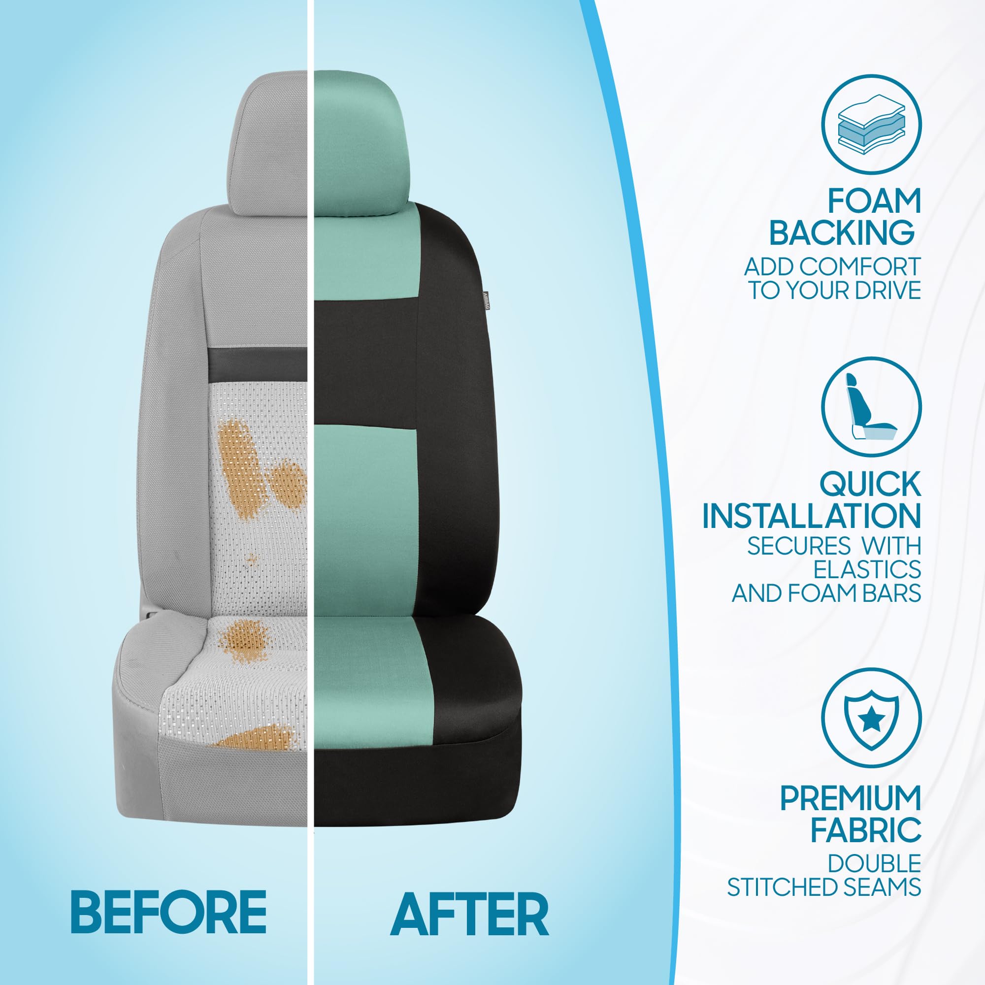 BDK PolyPro Black/Mint Car Seat Covers Full Set with Matching Floor Mats - Universal Fit for Cars, Trucks & SUVs - Includes Split Bench Rear Seat Cover - Durable Interior Car Accessories for Road Trips & Daily Commute