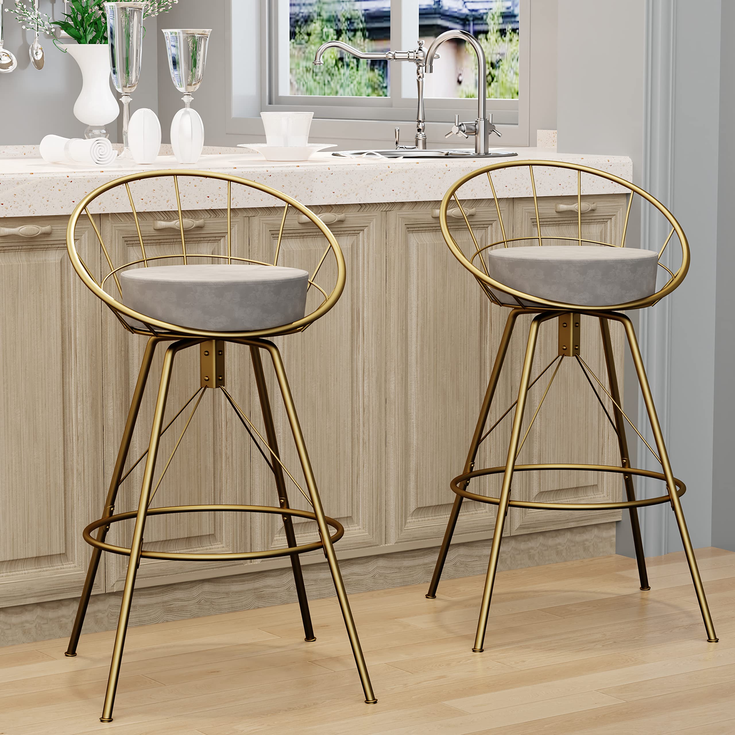 Aklaus 30-inch Swivel Bar Stools Set of 2 - Gold Metal Bar Height Stools with Upholstered Back & Grey Velvet Seat - Perfect for Kitchen Island, Home Bar, Breakfast Counter & Dining Room Decor