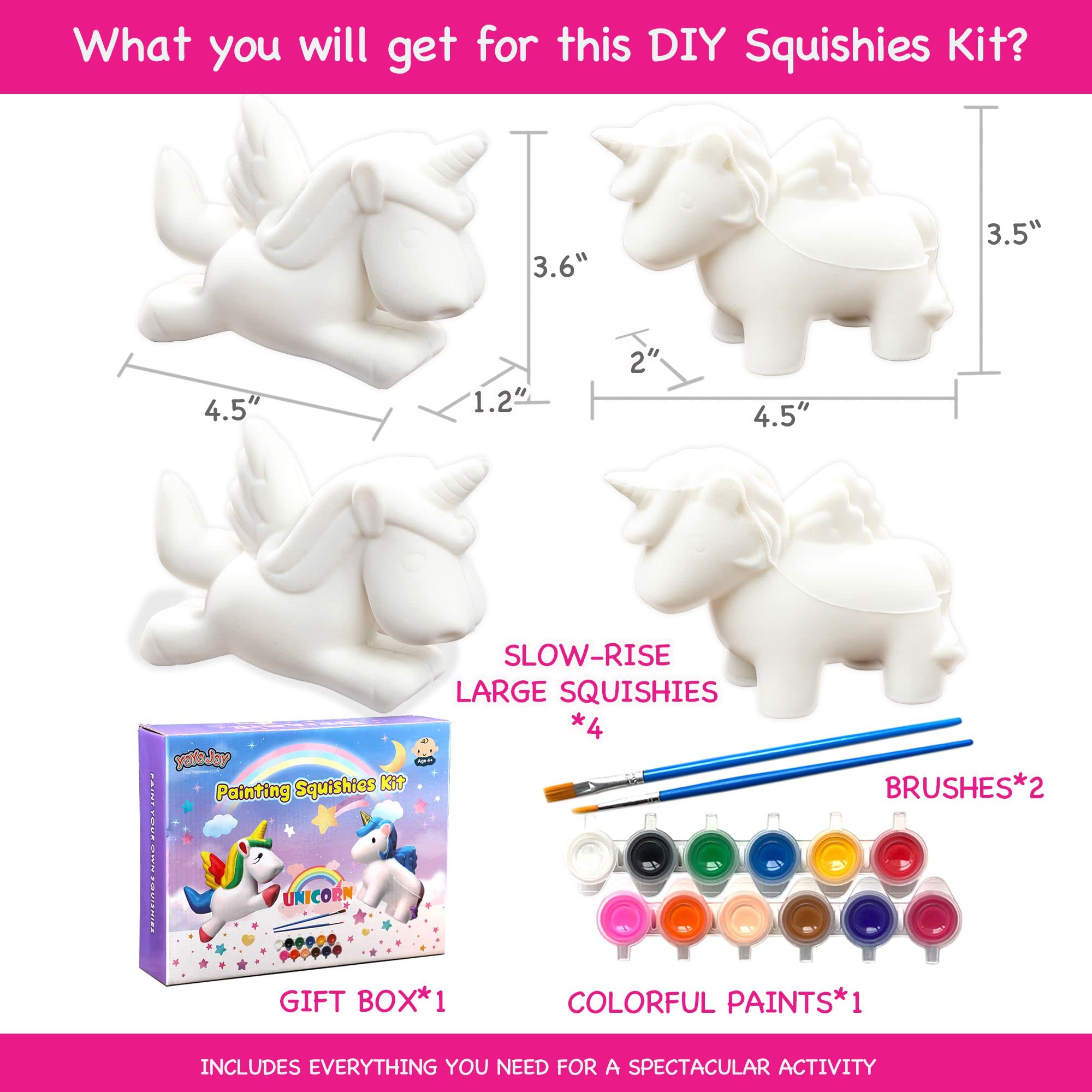 DIY Unicorn Squishy Toys Kit - 4 Pack Large Slow Rising Stress Relief Toys for Kids, Paint Your Own Squishies Arts & Crafts Set for Boys & Girls Ages 4-12 - Perfect for Birthday, Easter Gifts & Sensory Play Fun