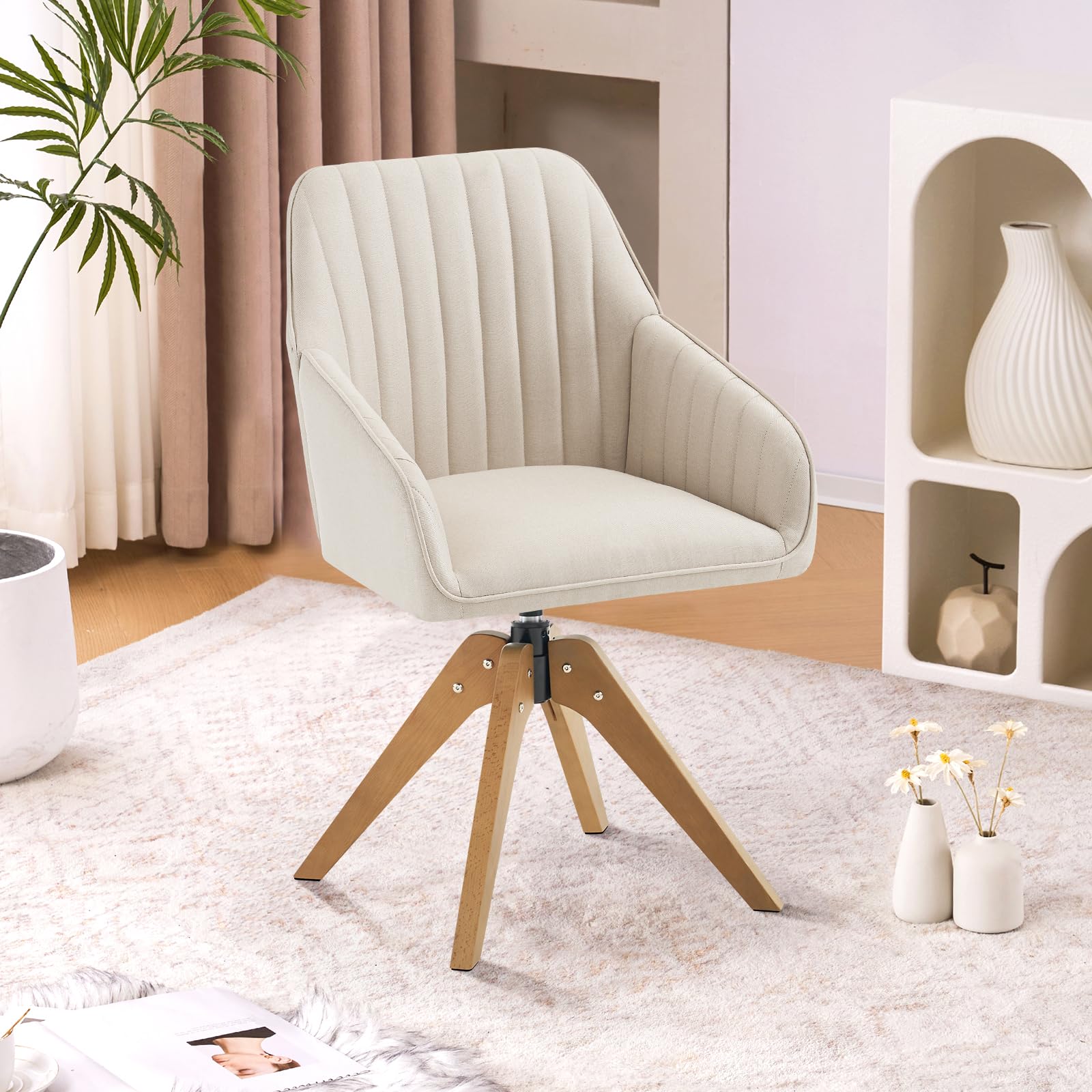 Mid Century Modern Swivel Accent Chair - Upholstered Wooden Armchair with Mid Back Support, Faux Linen Beige - Perfect for Living Room, Home Office, Bedroom & Vanity Desk - No Wheels Comfortable Seating for Relaxing & Working