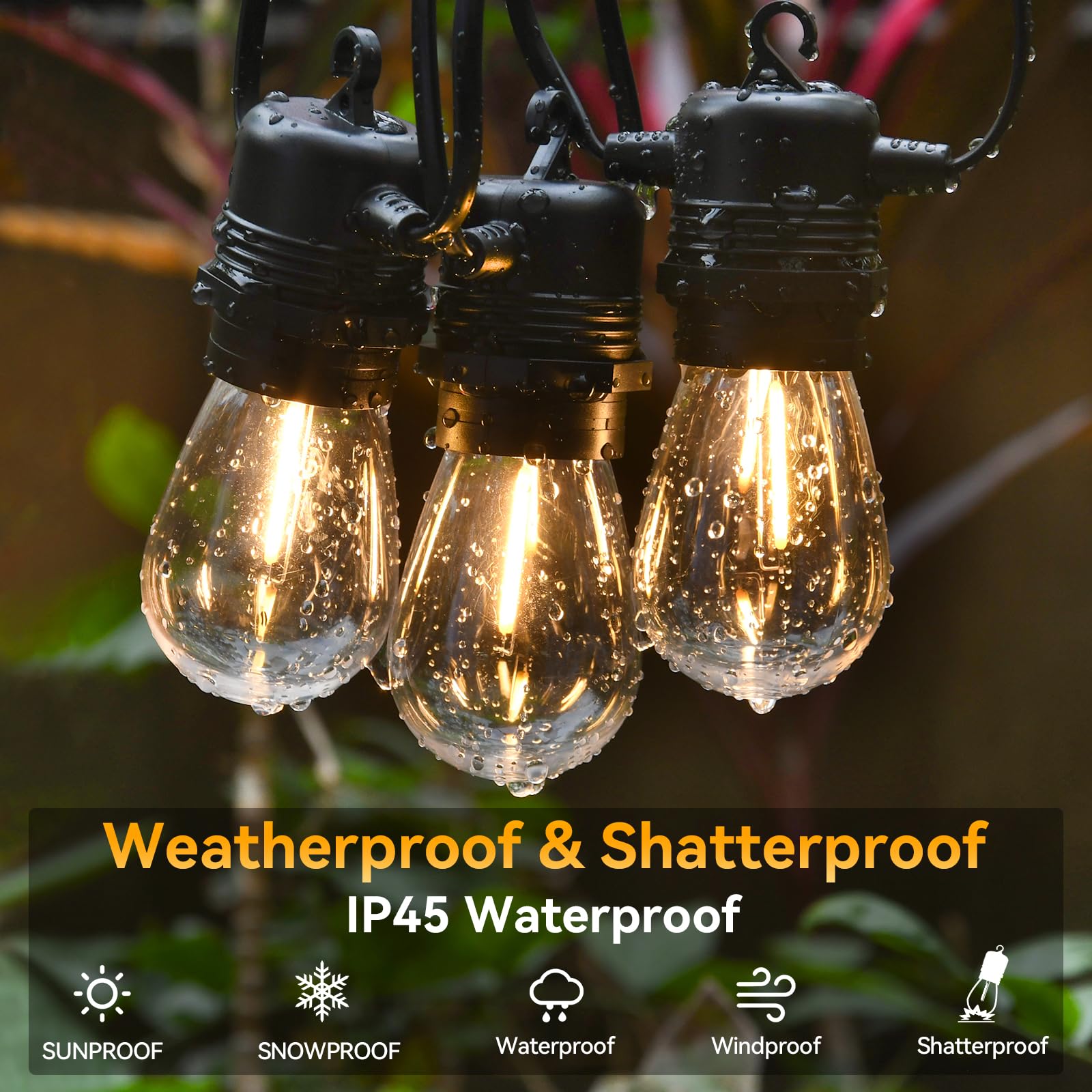 Waterproof 25FT LED Outdoor String Lights - Shatterproof S14 Bulbs, Dimmable & Linkable Patio Lights for Porch, Backyard, Garden, Balcony, Bistro & Commercial Use | Perfect for Outdoor Dining, Wedding Decor & Landscape Lighting