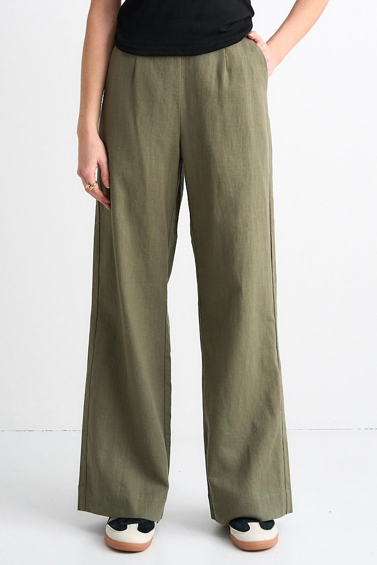 Boardwalk Soft Khaki Ramie High Waist Pants for Women - Comfortable Summer Wide Leg Trousers for Casual Wear & Office Outfits