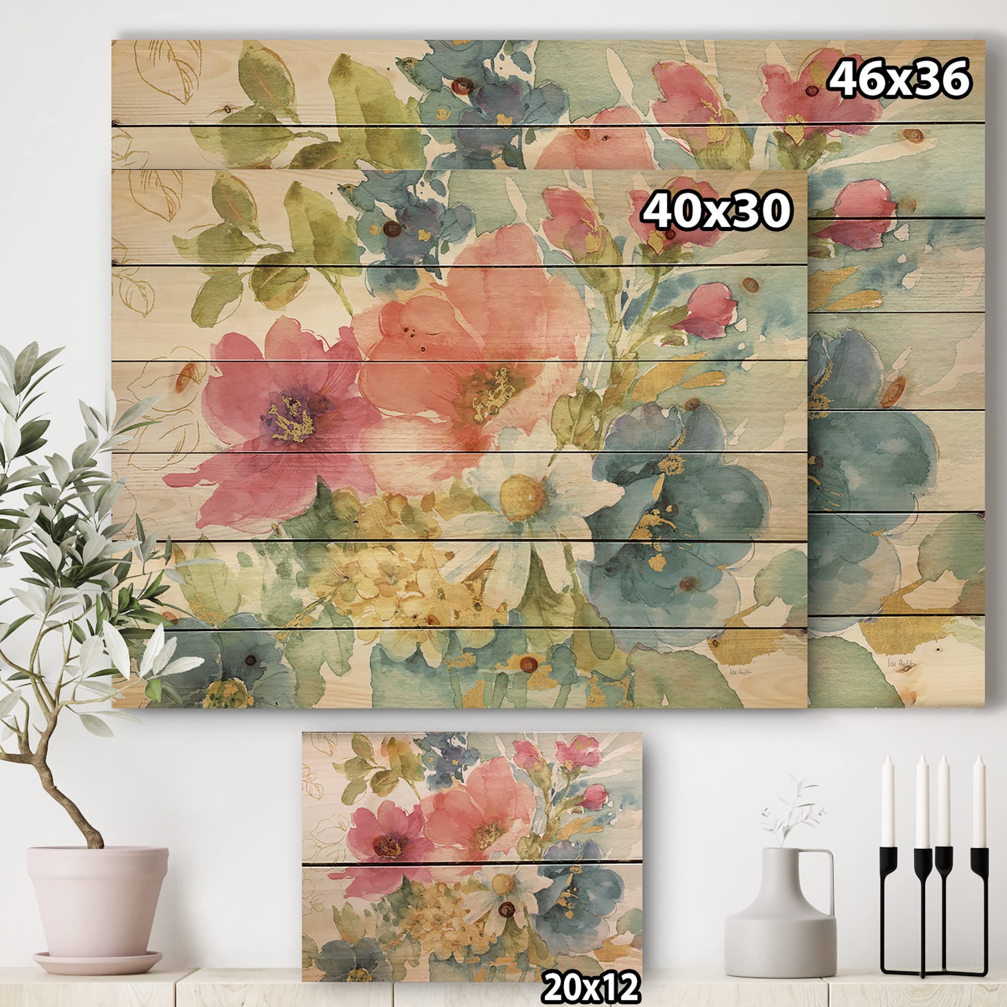 DesignQ My French Garden Traditional Wood Wall Decor - Pink Floral Wood Wall Art, Large Wall Panels Printed on Natural Pine Wood - Perfect for Living Room, Bedroom & Home Decor
