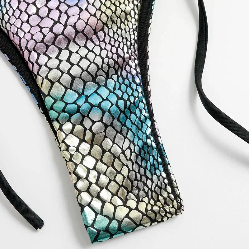 Shiny Fish Scale Halter Triangle Bikini Set - Women's Micro Thong Swimwear, Sexy Swimsuits for Beach & Pool Party | Biquinis Mujer for Summer Vacation & Tropical Getaways