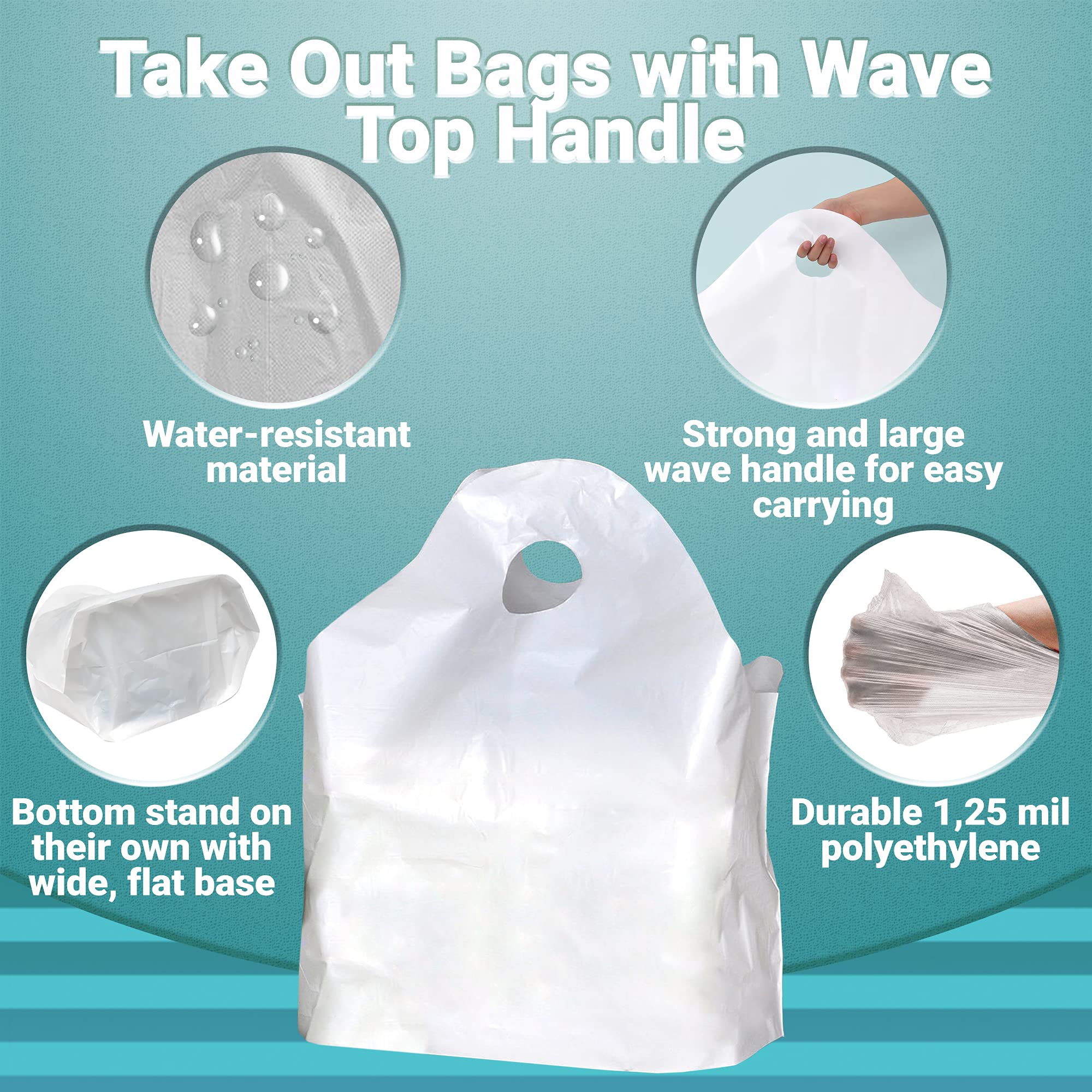 APQ 500-Pack White Take Out Bags with Wave Top Handle 19x18+9.5 BG - Unprinted Merchandise Bags for Retail Shopping & Food Service - Perfect for Restaurants, Bakeries, Parties & Gift Packaging