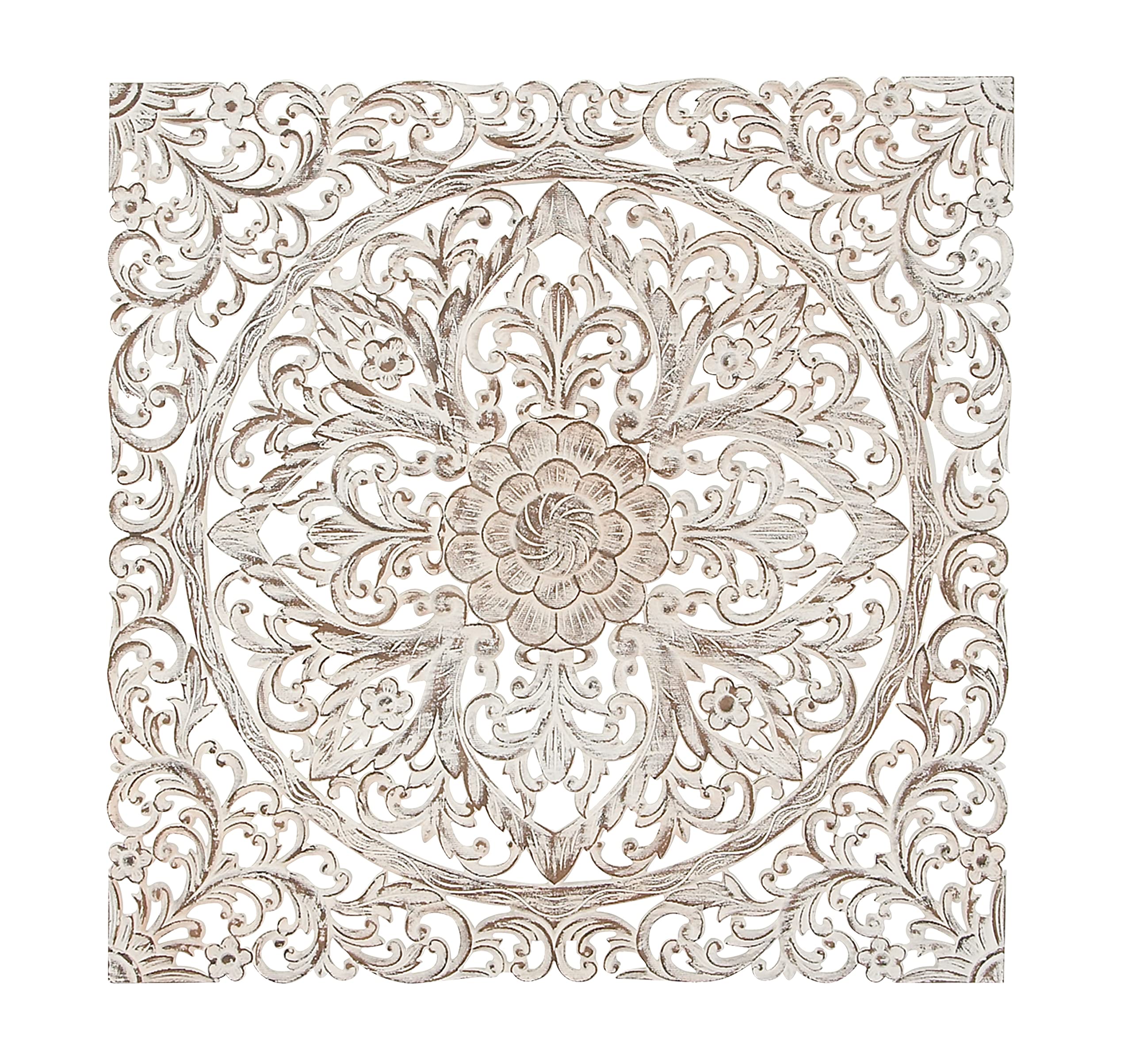 Handmade Wooden Floral Wall Art - Intricately Carved Mandala Wall Sculpture with Brown Distressing, 36